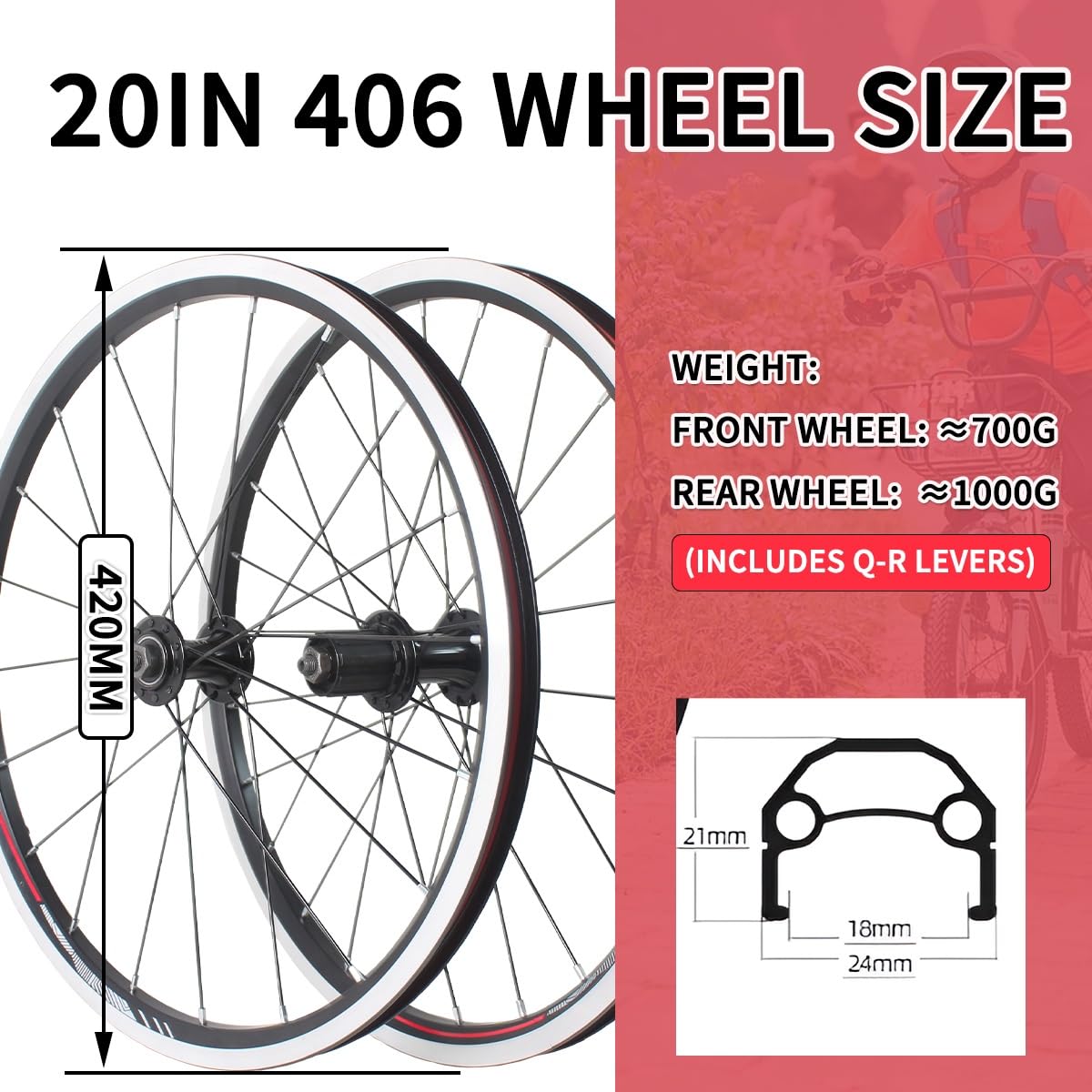 Ruedas para Bicicletas Plegables 406, Frenos V-Brake, Cassette 20/28H, buje de liberación rápida, llanta de aleación de Aluminio de Doble Pared de 9x74 mm/10x130 mm, para Bicicleta