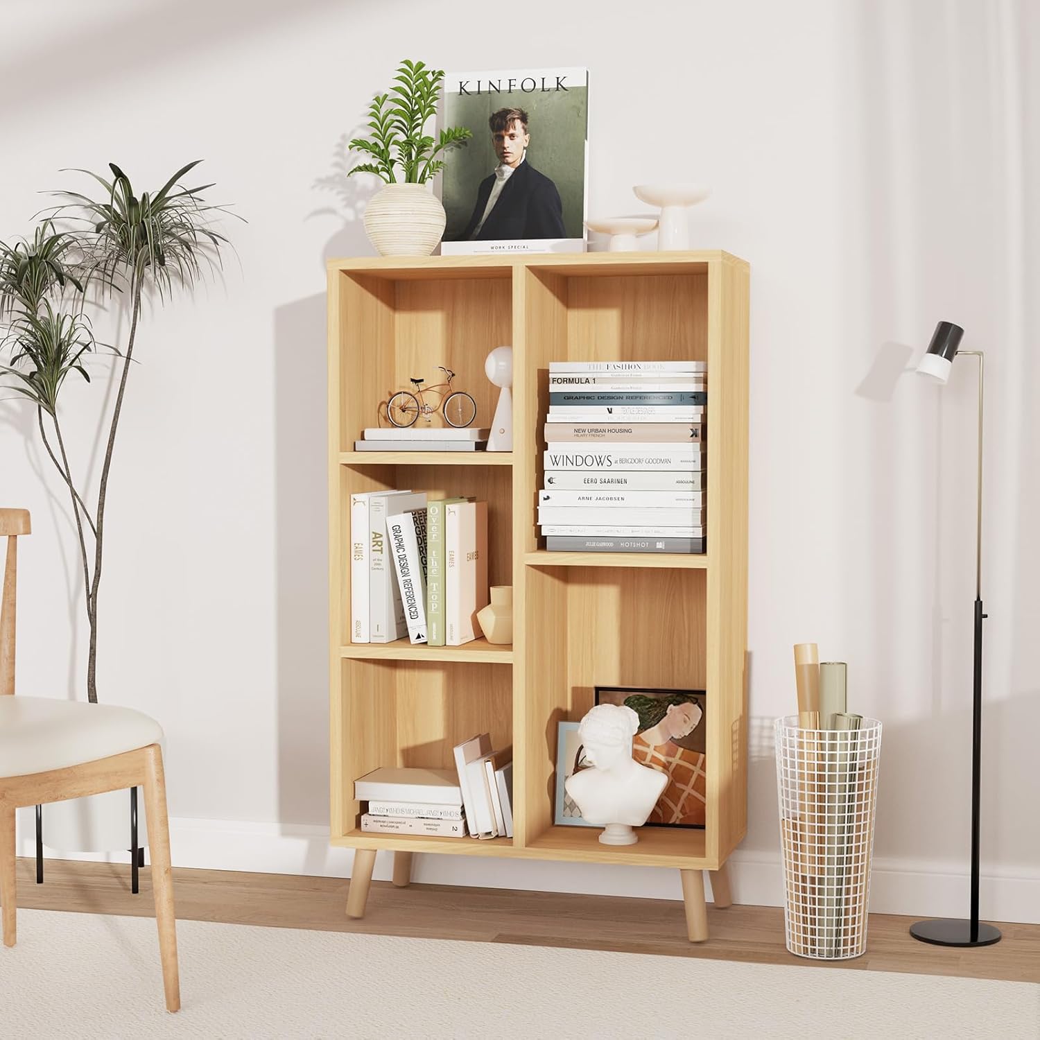 Lkeiyay 5-Cube Storage Shelf Low Bookcase,3-Tier Freestanding Storage Display Cabinet Organizer with Wooden Legs for Home Office,Open Cube Short Bookshelf, Oak Oak 5 Cube