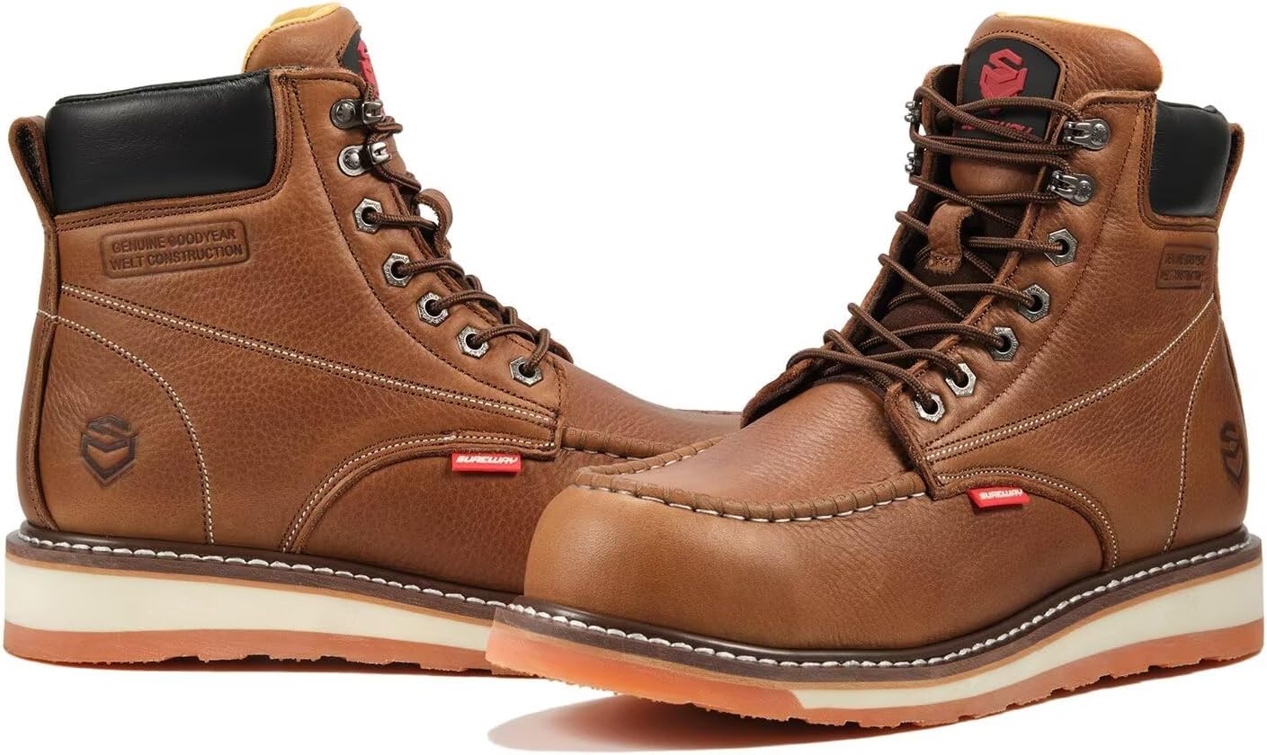 SUREWAY 6” Mens Heavy Duty Steel/Composite/Soft Toe Work Boots for Men,Comfortable & Durable,Goodyear Welt,Full Grain Leather,Oil/Slip Resistant,Wedge Moc Toe Industrial Construction Boots/Shoes - Image 5