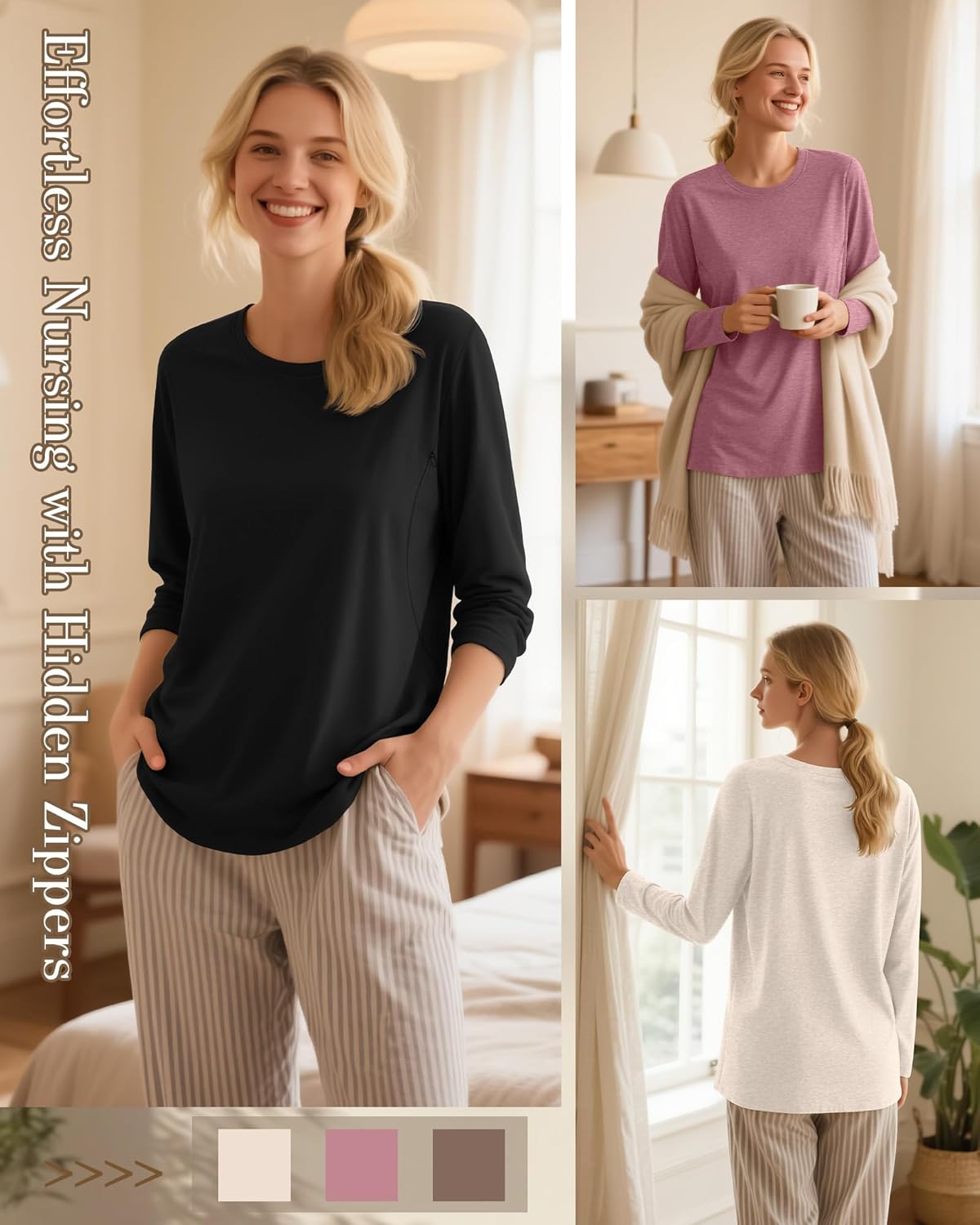 3 Pack Nursing Tops for Breastfeeding Maternity Shirts Zipper Long Sleeve Round Neck Knit Casual Nursing Clothes - Image 4