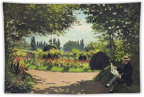 SAYFUR Claude Monet Tapiz Monet Reading in The Garden, 1866 Tapiz decorativo para pared, sala de estar, dormitorio, impresiones de 60 x 90 pulgadas