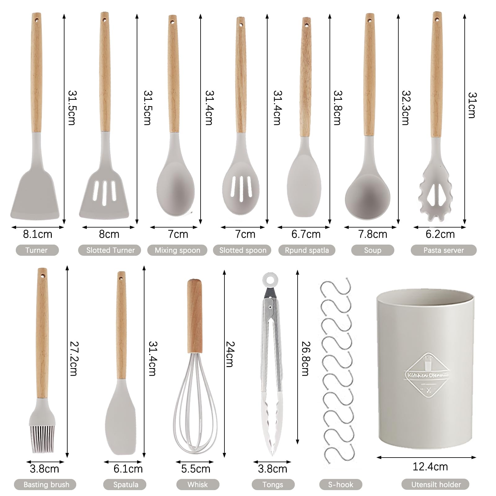 Utensili Cucina Silicone Set - 22 Pezzi Set Mestoli Cucina Manico in Legno - Strumenti da Cucina Resistenti al Calore - Con 10 S Ganci (Kaki)