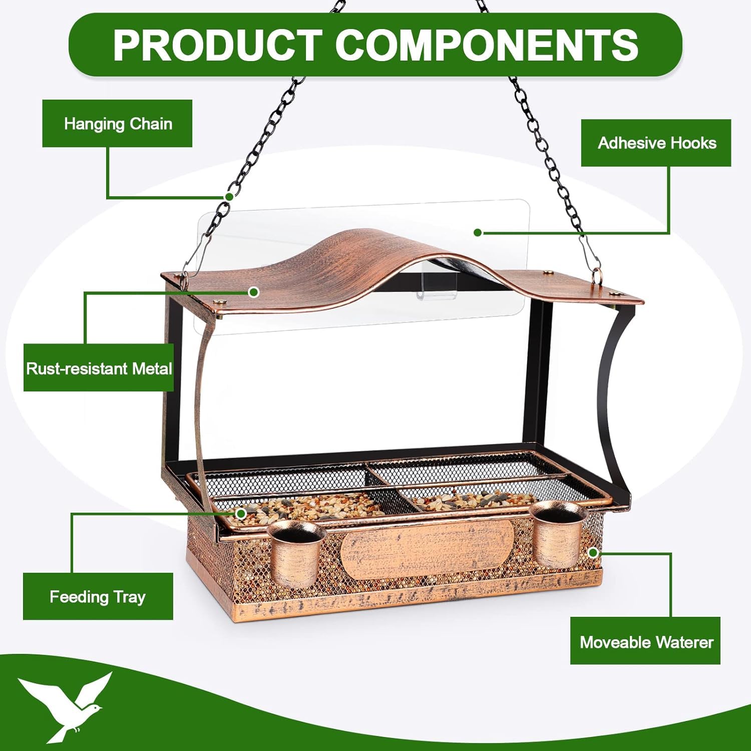 esmen Comederos Comedero para pájaros con Ventana de Metal 2 en 1 con Ganchos, Cadenas, comedero para pájaros Colgante Desmontable con Bebedero