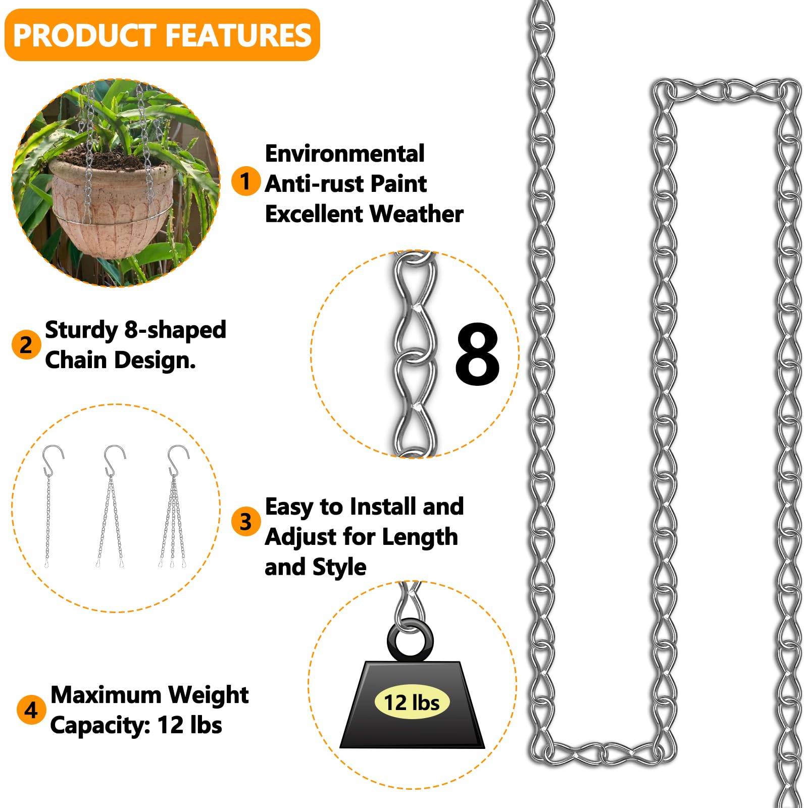 Chaîne de suspension de 690 cm, chaînes en métal argenté pour plantes suspendues, 12 crochets en S, 12 boucles, 12 anneaux, 24 crochets à vis pour mangeoire à oiseaux, jardinière, lanterne et