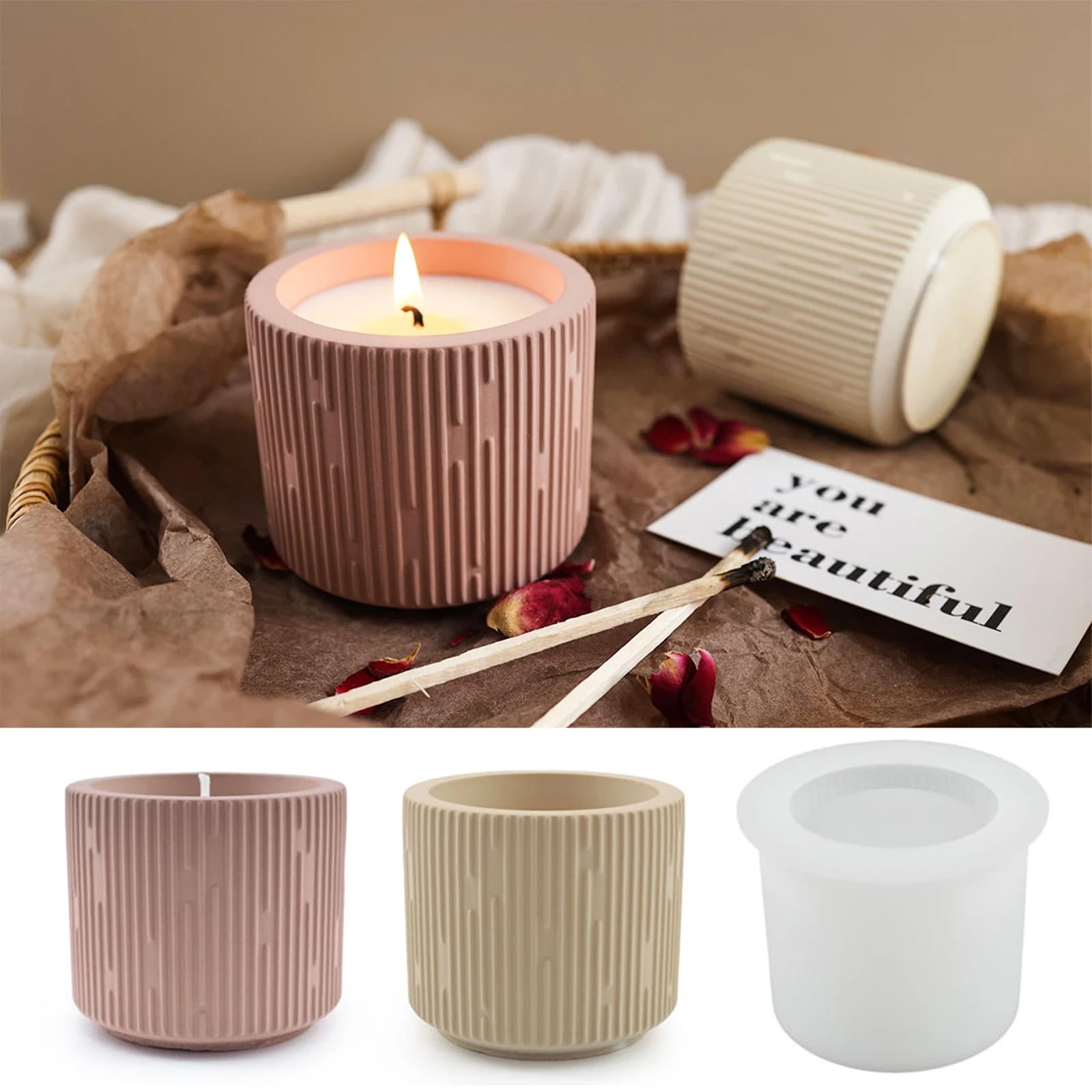 Simplicity Candle Jar Silicone Mold Stripe Round Plaster Flower Pot Silicone Mold Succulent Planter Vase Concrete Mold Epoxy Resin Cement Clay Mould