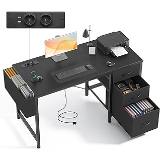 Claiks Kleiner Schreibtisch mit 3 Schubladen aus Stoff, 120x60 cm Computertisch mit 2 Steckdosen und USB-Anschlüssen, PC-Schreibtisch Bürotisch für Home Office, Schwarz