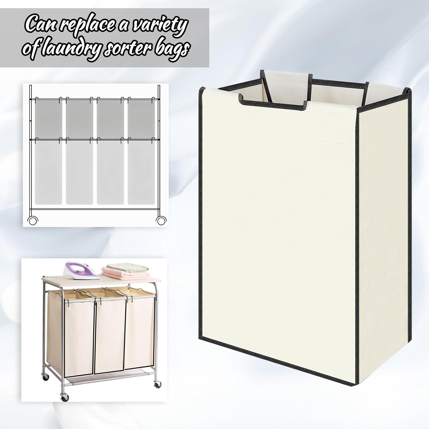 3 Pack Large Laundry Sorter Replacement Bags, Hamper Cart Removable Replacement, Laundry Storage Organizer-Replacement Bags, Beige, Square Shap