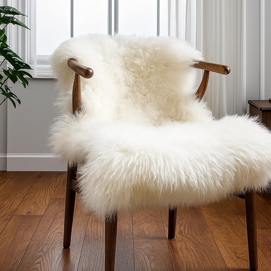 Sheepskin Runner,Genuine New Zealand Fluffy Natural Lambskin Real Sheep Skin Fur Throw Area Rug for Livingroom,Bedroom,Sofa and Chair, Yoga mat and Dog Mat(Double Pelt 2x6 ft, Ivory White)