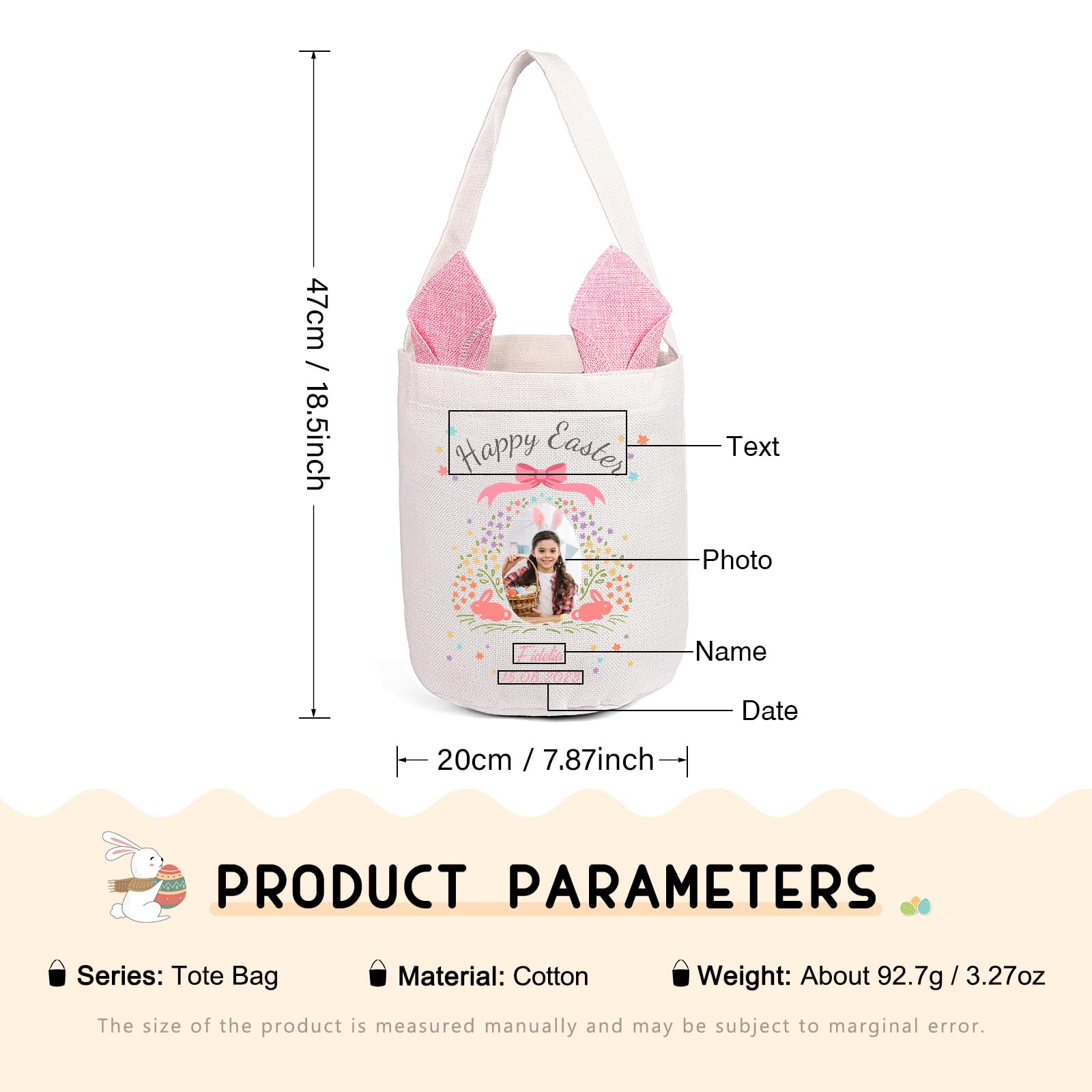 Luxladis Personalized Easter Basket for Girls Boys: Custom Photo & Name Canvas Easter Bucket for Kids Customized Bunny Easter Baskets Empty for Carrying Gift Easter Eggs (Pink-1)