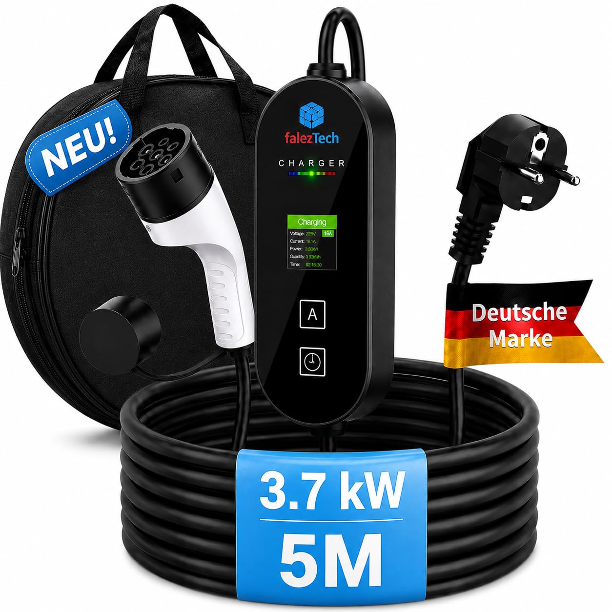 Ladekabel Elektroauto Typ 2 Schuko | 5 m - 3,7 kW | Für alle Typ-2 Elektroautos | LCD Anzeige | Ladekabel für sicheres Laden – ideal für den täglichen Einsatz zu Hause und unterwegs
