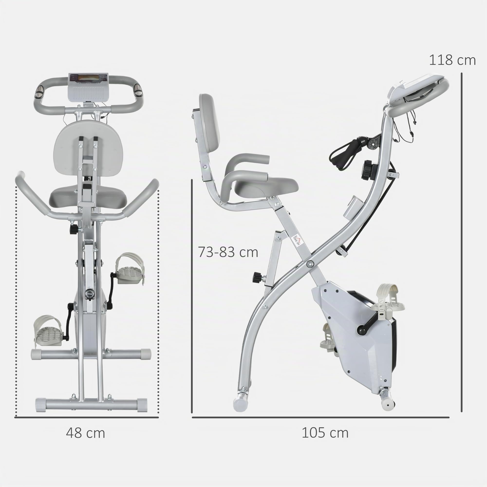 HOMCOM Cyclette pieghevole 4-in-1 magnetica ergometro LCD Grigio | Silenzioso, fasce di resistenza, palestra domestica, allenamento cardio, ruote, sedile comodo, Max 120 kg