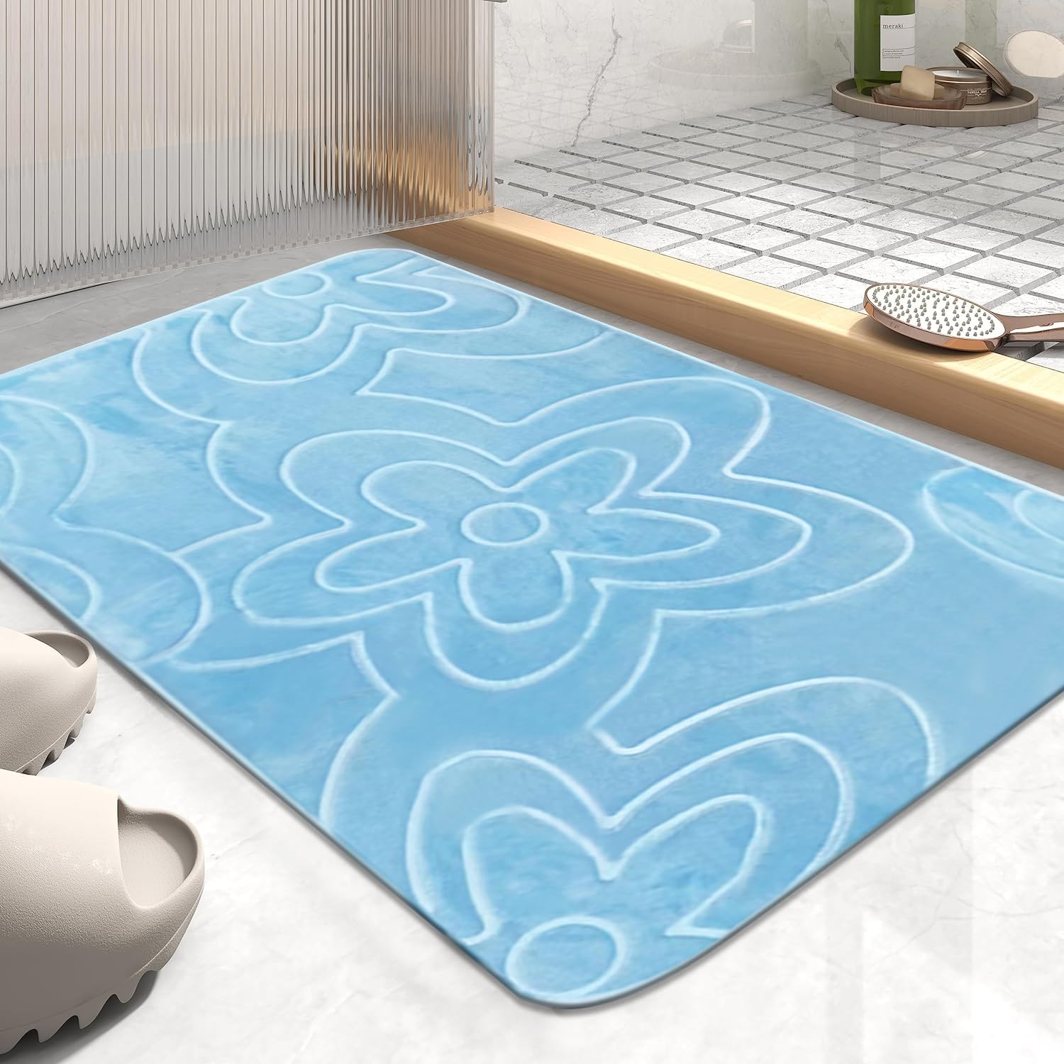 PHP Super Soft Memory Foam Mat - Anti Slip Bath Mat Modern Design Entryway Kitchen Mat Machine Washable Rug Bathroom Door Mat - Sky Blue - 50 x 80 cm