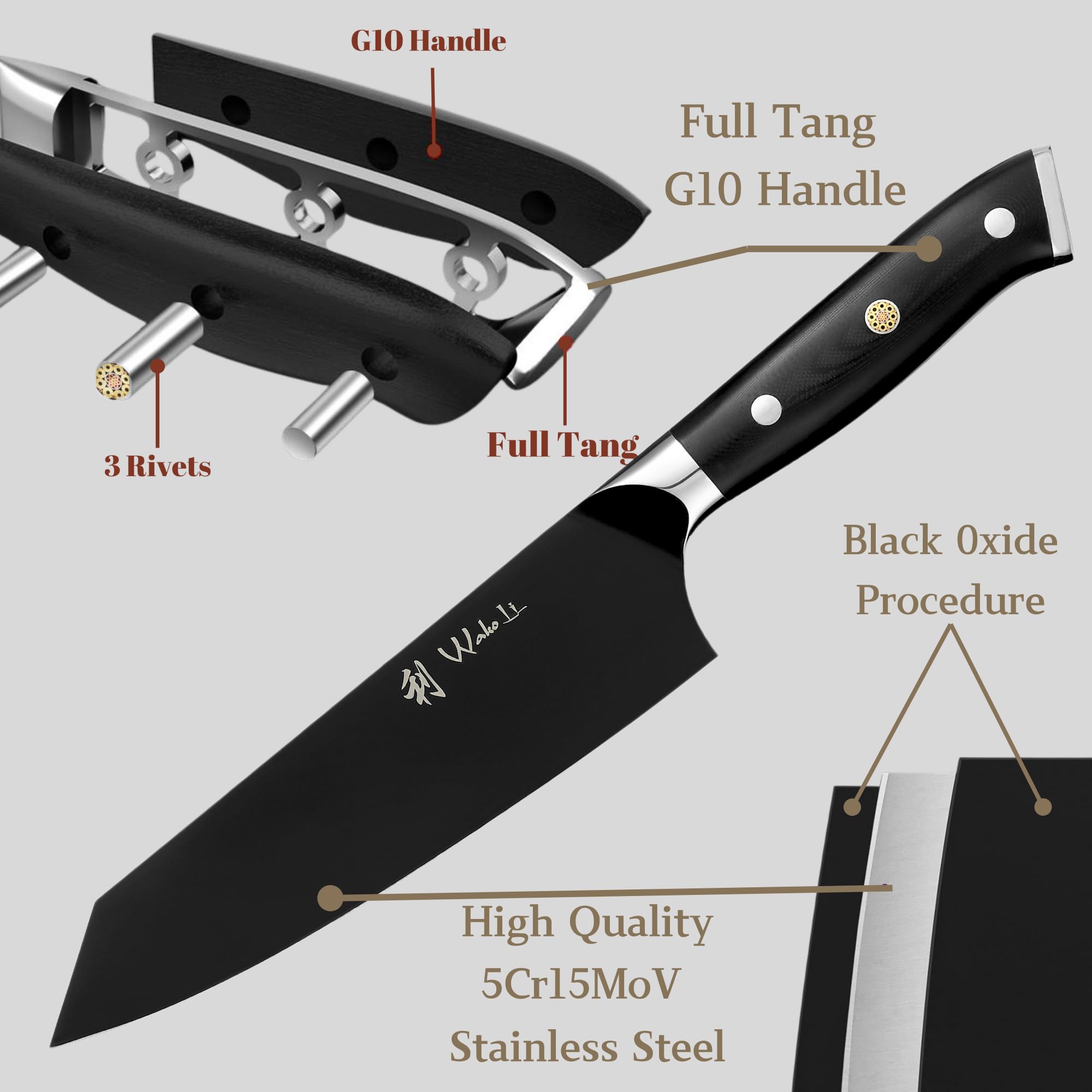 Wakoli Titanium Noir 3-częściowy zestaw noży z ostrzami 8-17 cm, rękojeść G10, w drewnianym pudełku, zestaw noży kuchennych ze stali nierdzewnej, profesjonalny nóż szefa kuchni, ochrona palców w