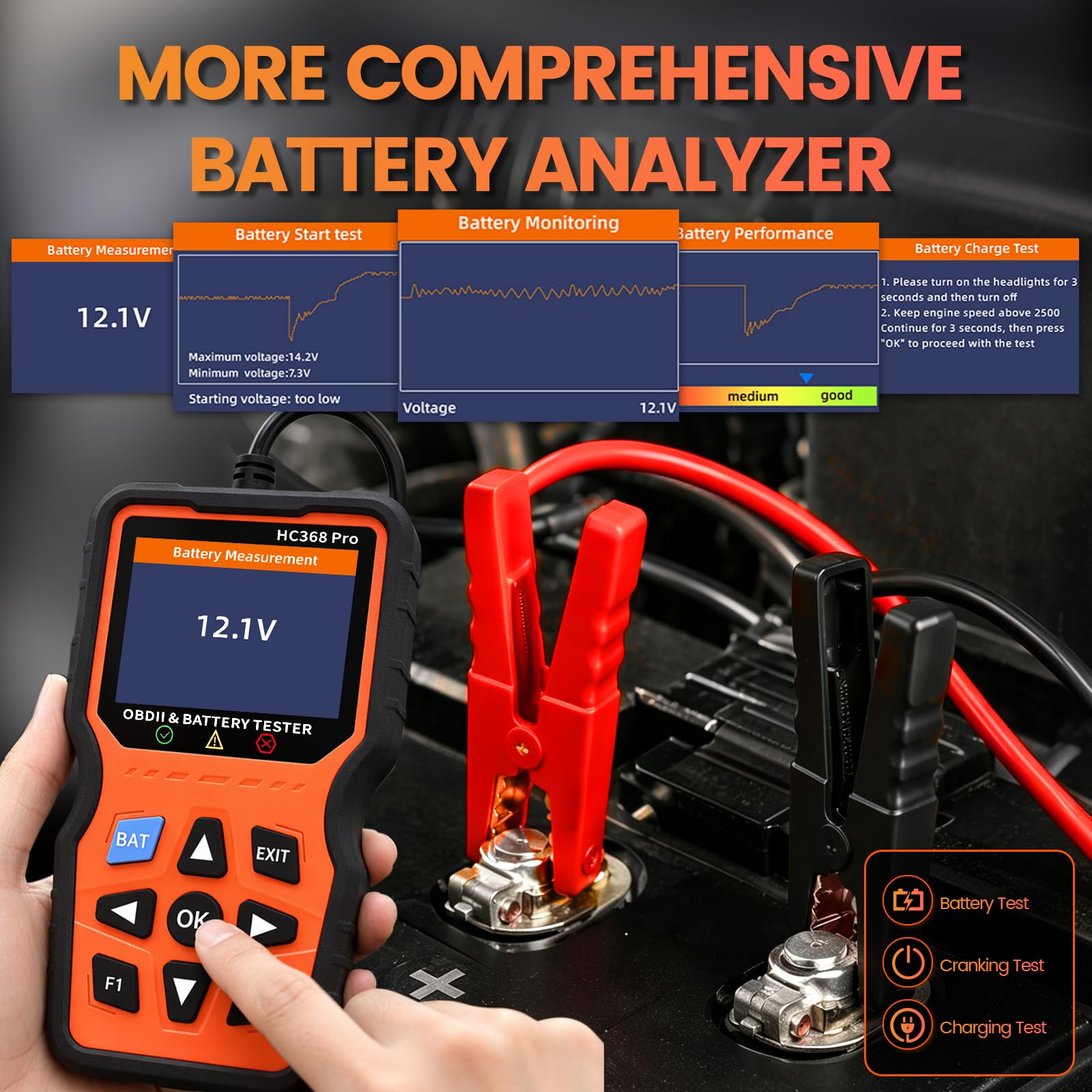 OBD2 Diagnosegerät & Batterietester 2 in 1,OBD EOBD+CAN Scanner Auslesegerät mit vollständigen OBD2 Funktionen,12V Autobatterie Tester mit Batterie- Anlasser- und Ladetest für alle Fahrzeuge