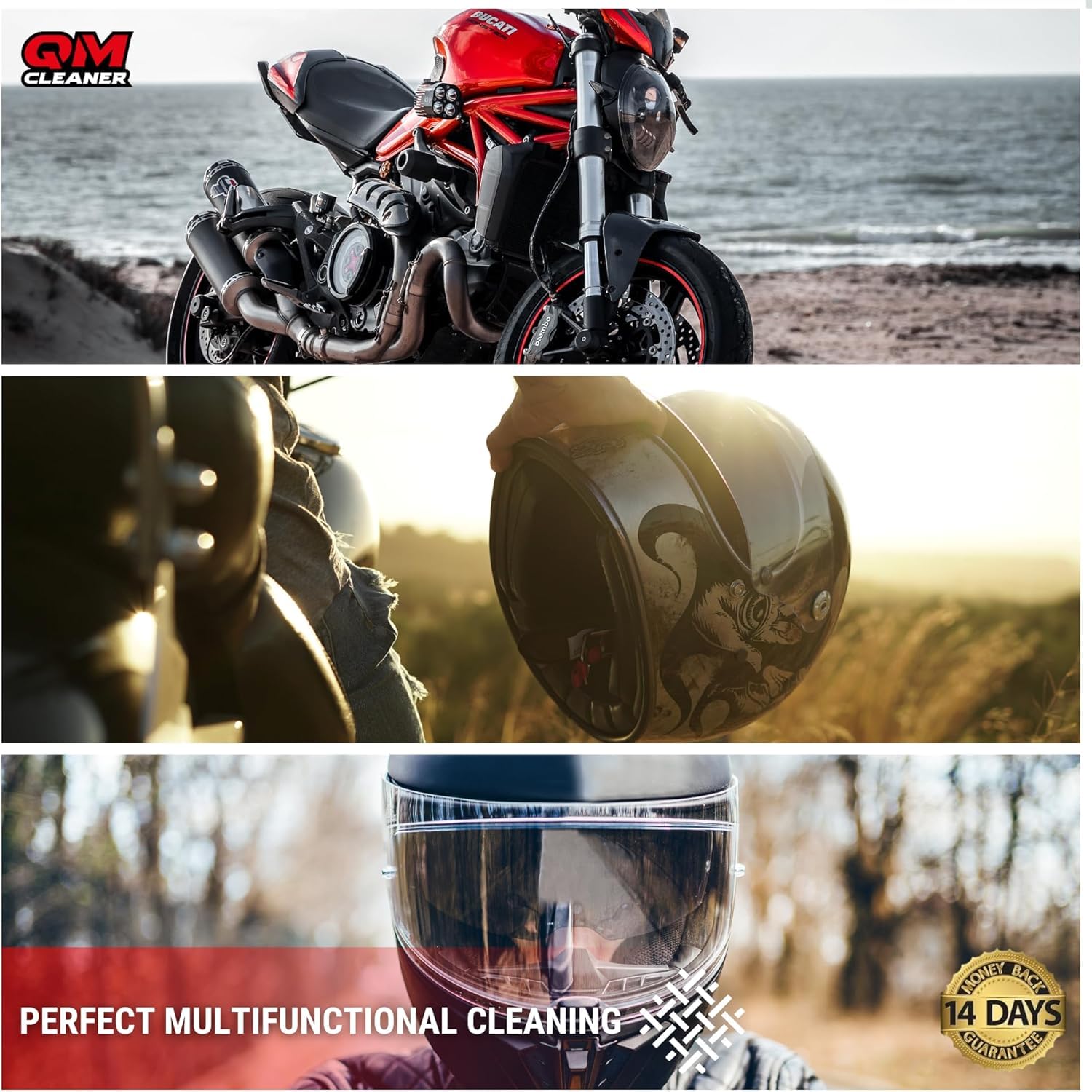 QM Cleaner - Moto e casco Kit | Per la pulizia e la cura della moto e del casco - Include prodotto per bici totale da 500 ml, rimozione di insetti per casco da 200 ml e 2 microfibre