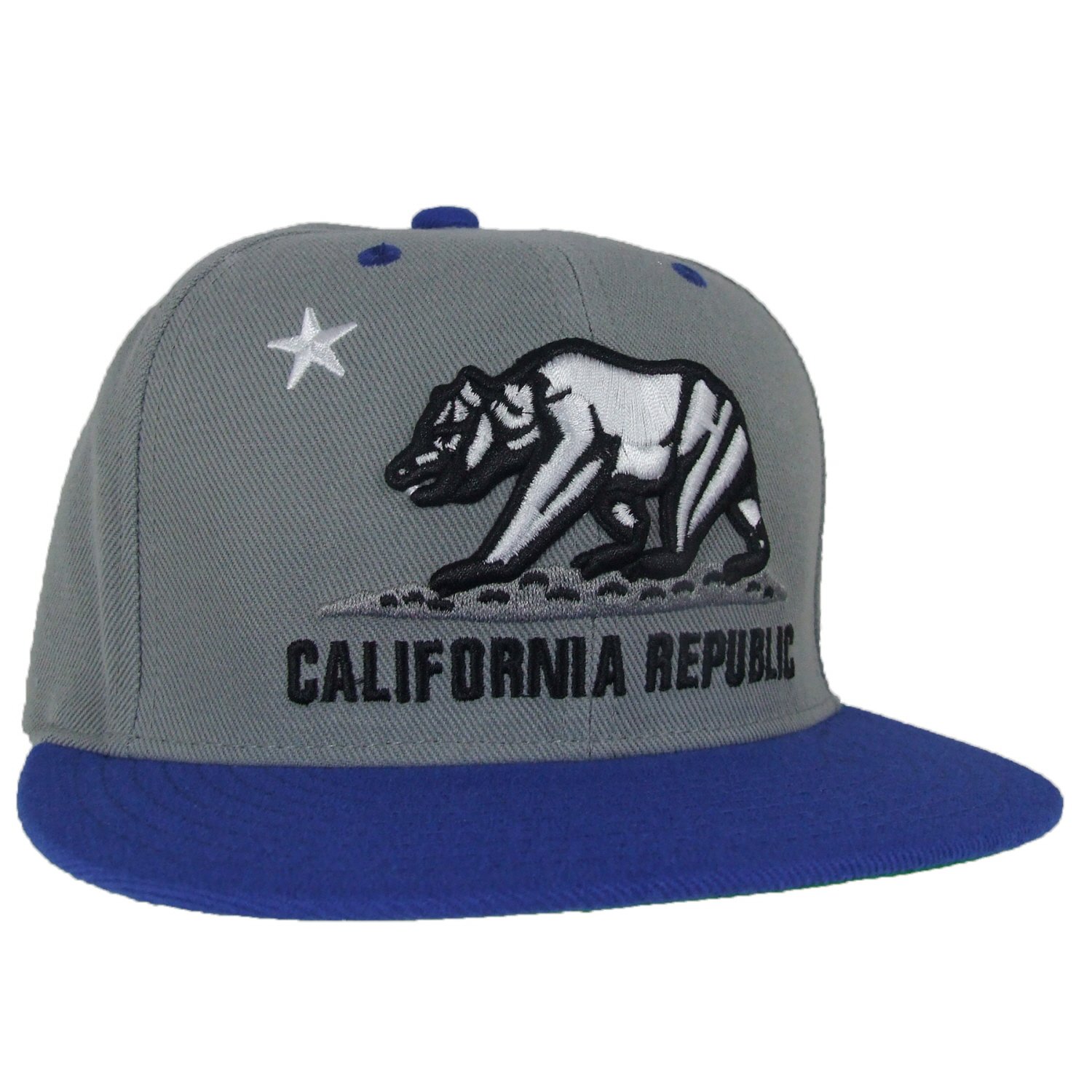 WHANGCalifornia Bear Logo Flag Republic Flat Bill Snapback - One Size - Grey/Royal
