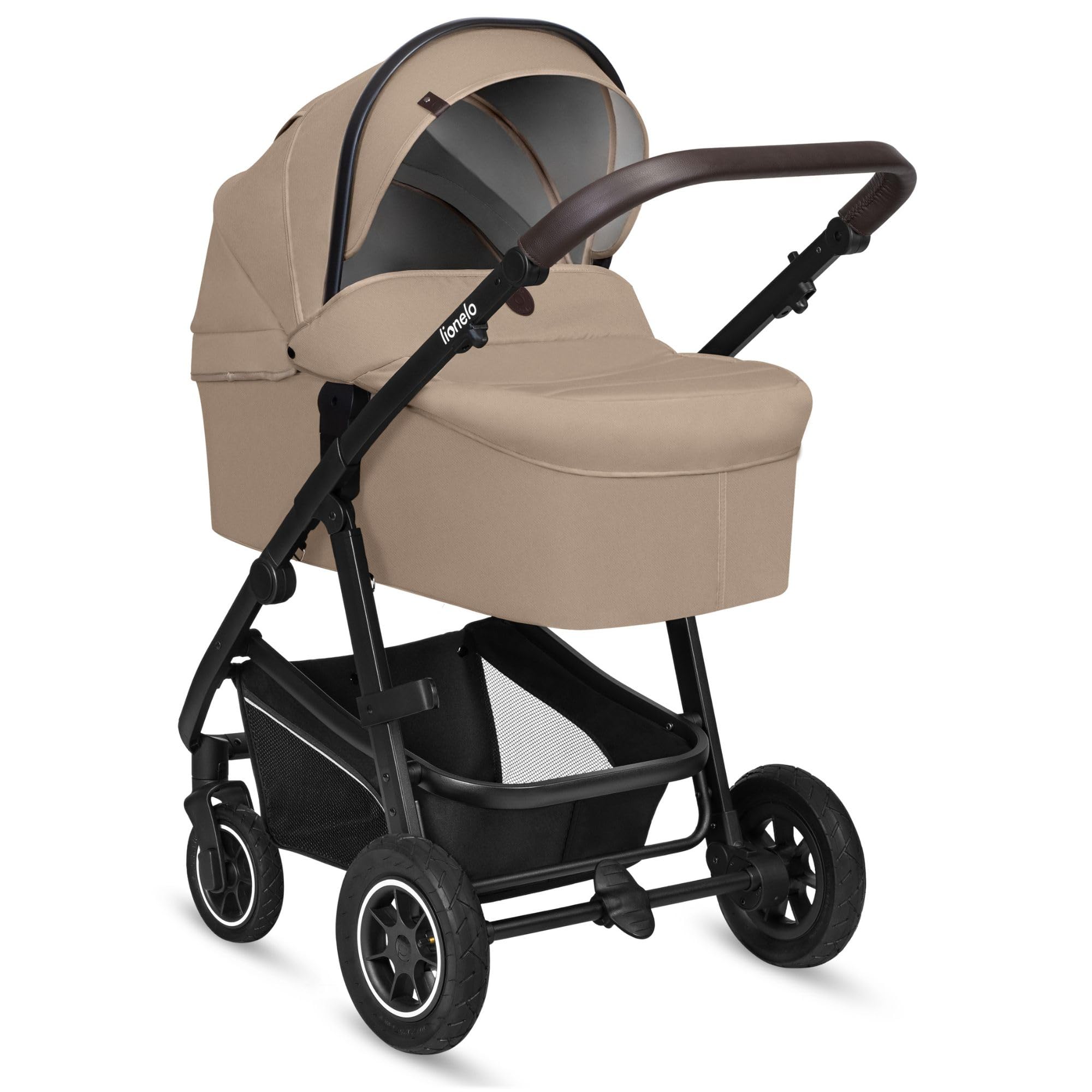 LIONELO BIANKA Cochecito de Bebé 3 en 1 (22 kg) Portabebés (9 kg) Silla de Coche (13 kg), Plegable, Sistema de Viaje Respaldo Ajustable Ruedas 360o Amortiguación, Capota XXL, Carrito de Bebe (Beige)