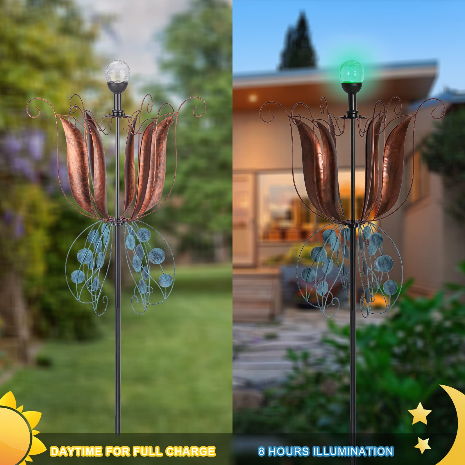 MUMTOP Tulipe à vent d'extérieur en métal - Grande boule de verre à LED à changement de couleur - 200 cm - Sculptures cinétiques - Moulin à vent tulipe pour cour, pelouse, décoration de jardin