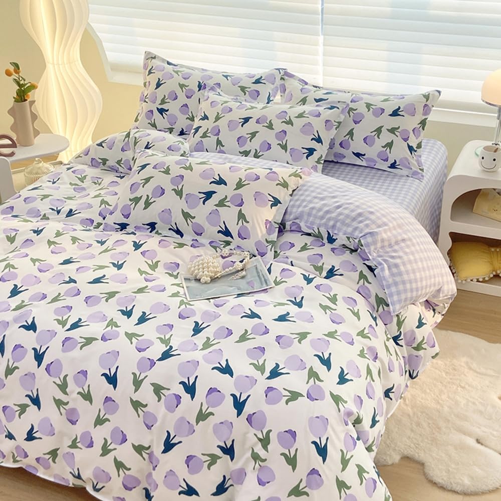 Housse de couette 240x220 tulipes pour une chambre de fille violette et blanche