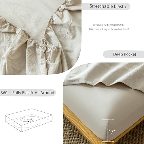 Miniatura 4 de MooMee Sábana bajera ajustable solo 100% algodón lavado con textura parecida al lino, transpirable, duradera, suave, cómoda, bolsillo profundo (lino