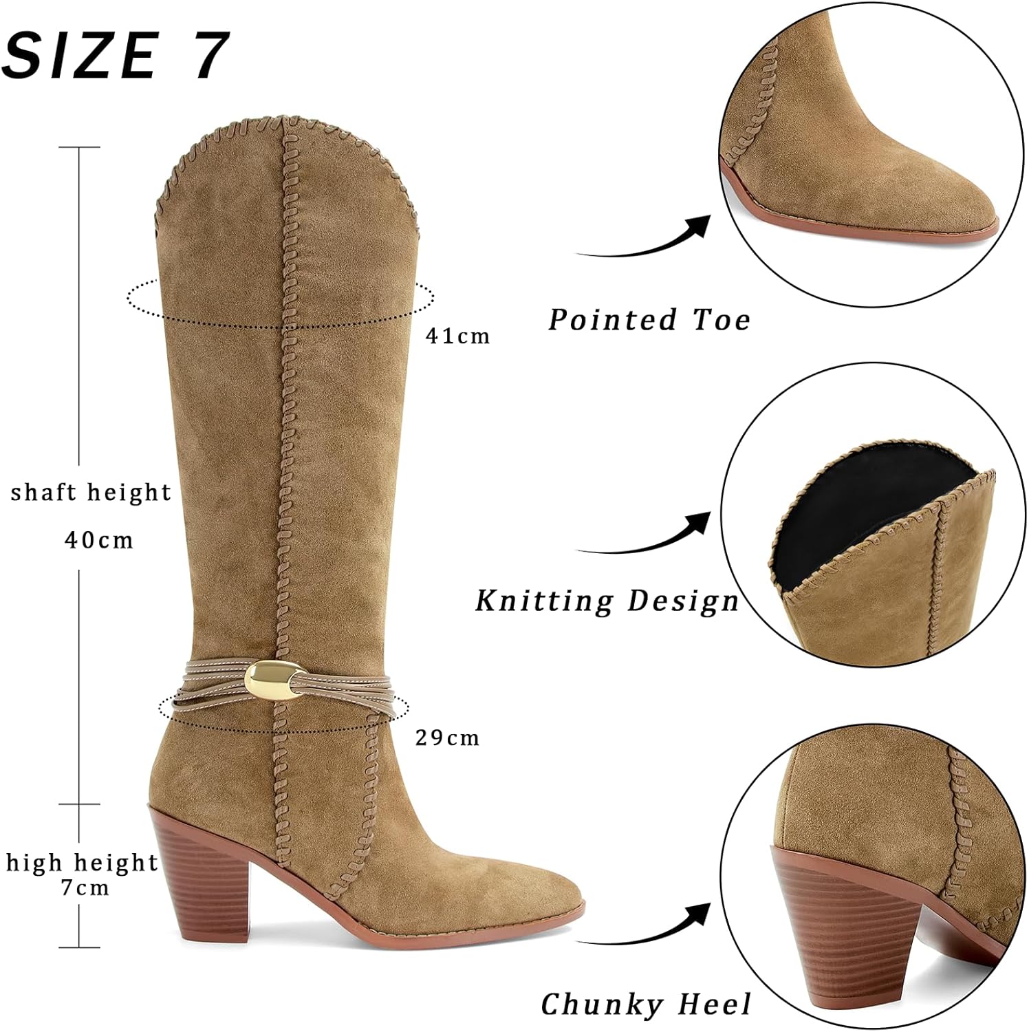 Suede Cowboy Boots for Women Pointed Toe Knee High Cowgirl Boots Chunky Heel Western Boot Dressy Fall Pull on Fashion