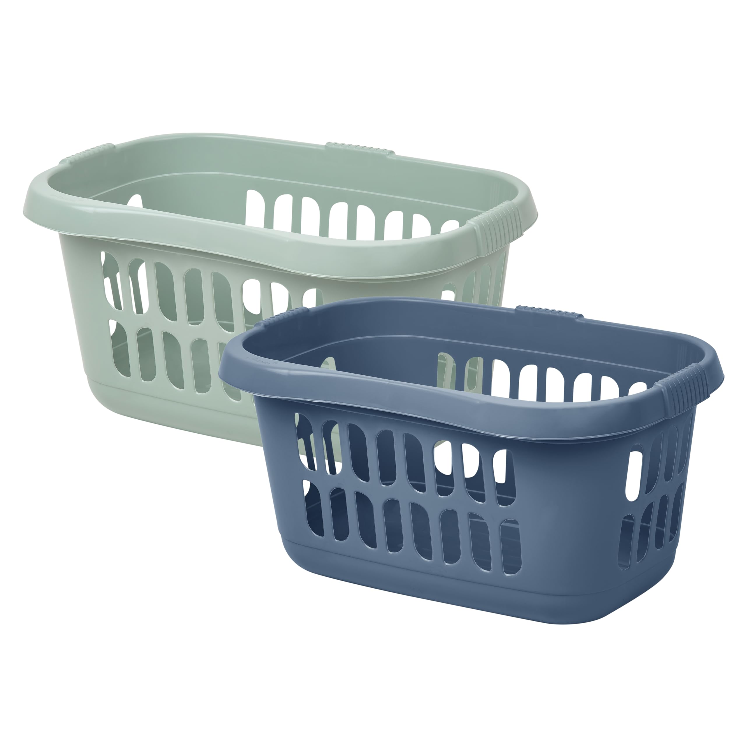 M1SS 60L Litre Navy Blue & Silver Sage Hipster Laundry Basket Large Plastic Storage Basket Washing Basket For Storage Clothes Laundry Hamper Toys Organiser For Bathroom Household