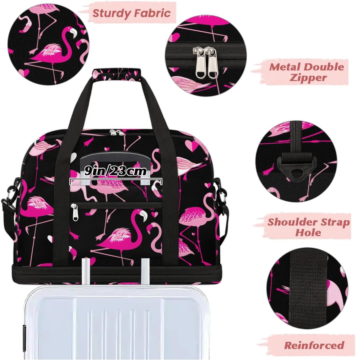 Travel Duffle Bags With Shoes Compartment for Women Men Animal Pink Flamingo Lightweigh Sports Tote Gym Bag Foldable Canvas Weekender Overnight Carry On Luggage Handle Bag - Image 5
