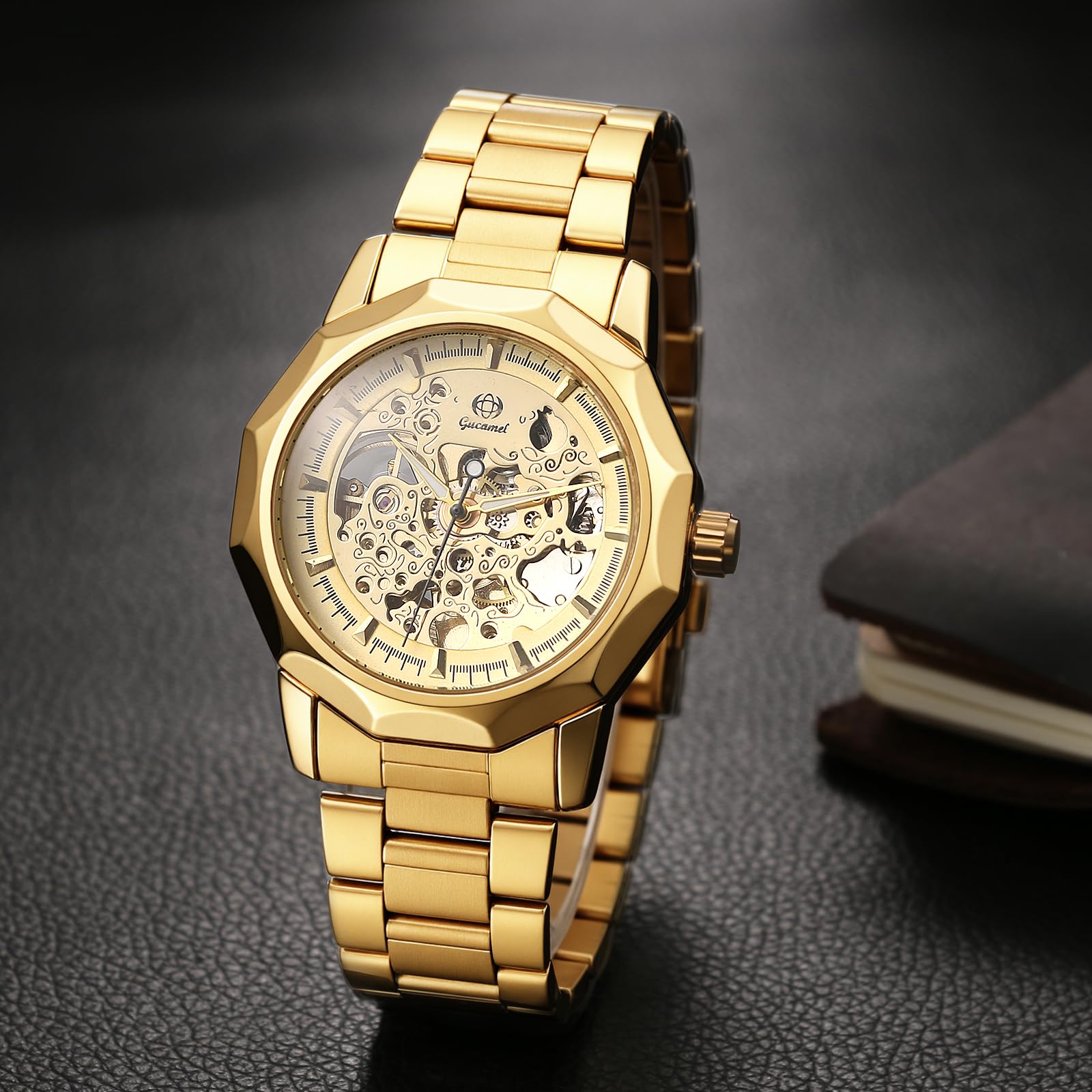 JewelryWe Reloj Mecánico Automático Hombre: Reloje de Pulsera Vestir Correa de Acero Inoxidable Dial de Engranajes Punteros Luminosa - para Regalo