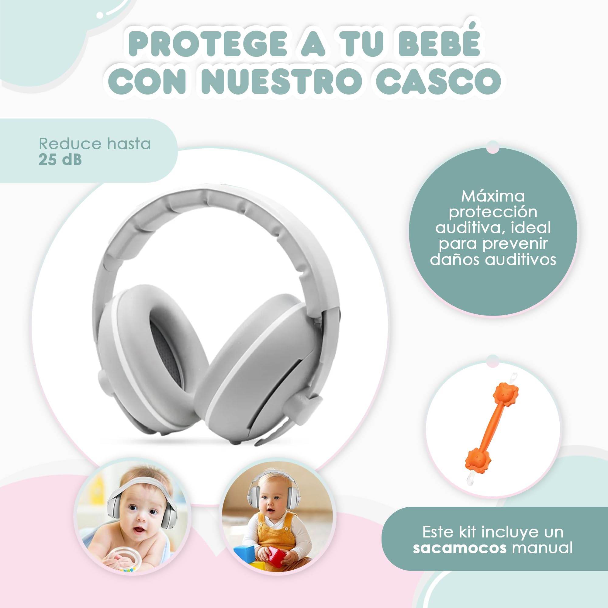 Cascos Antiruido para Bebé - 25dB - 6 Meses a 48 Meses - 2 Diademas - Insonorización para Recién Nacido y Avión