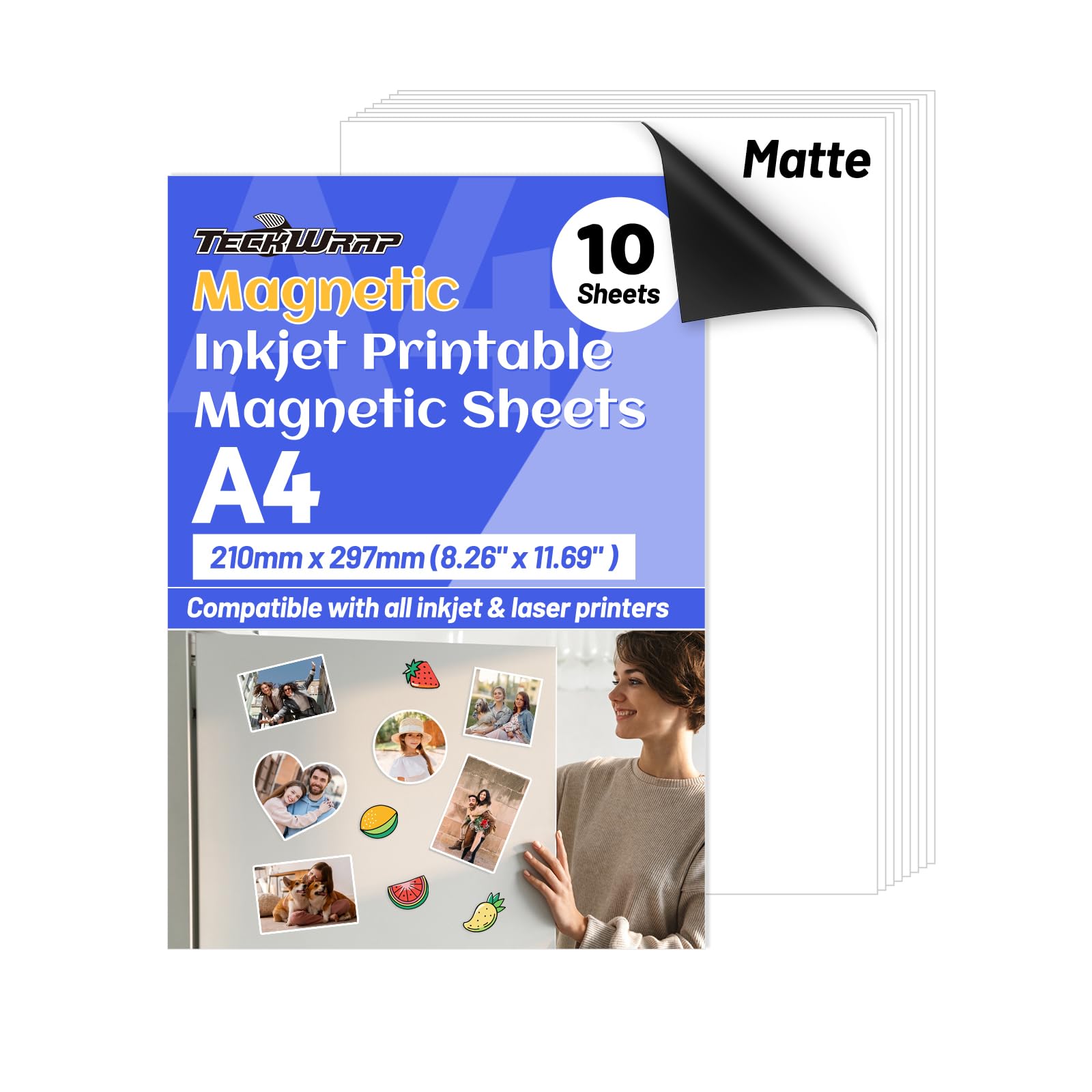 TECKWRAP Printable Magnetic Sheets for Inkjet Printer - A4 210mm x 297mm 10 Sheets/Pack - Matte Printable Magnetic Paper for DIY Crafts, Easy to Cut, Non Adhesive for Photo Fridge Magnets