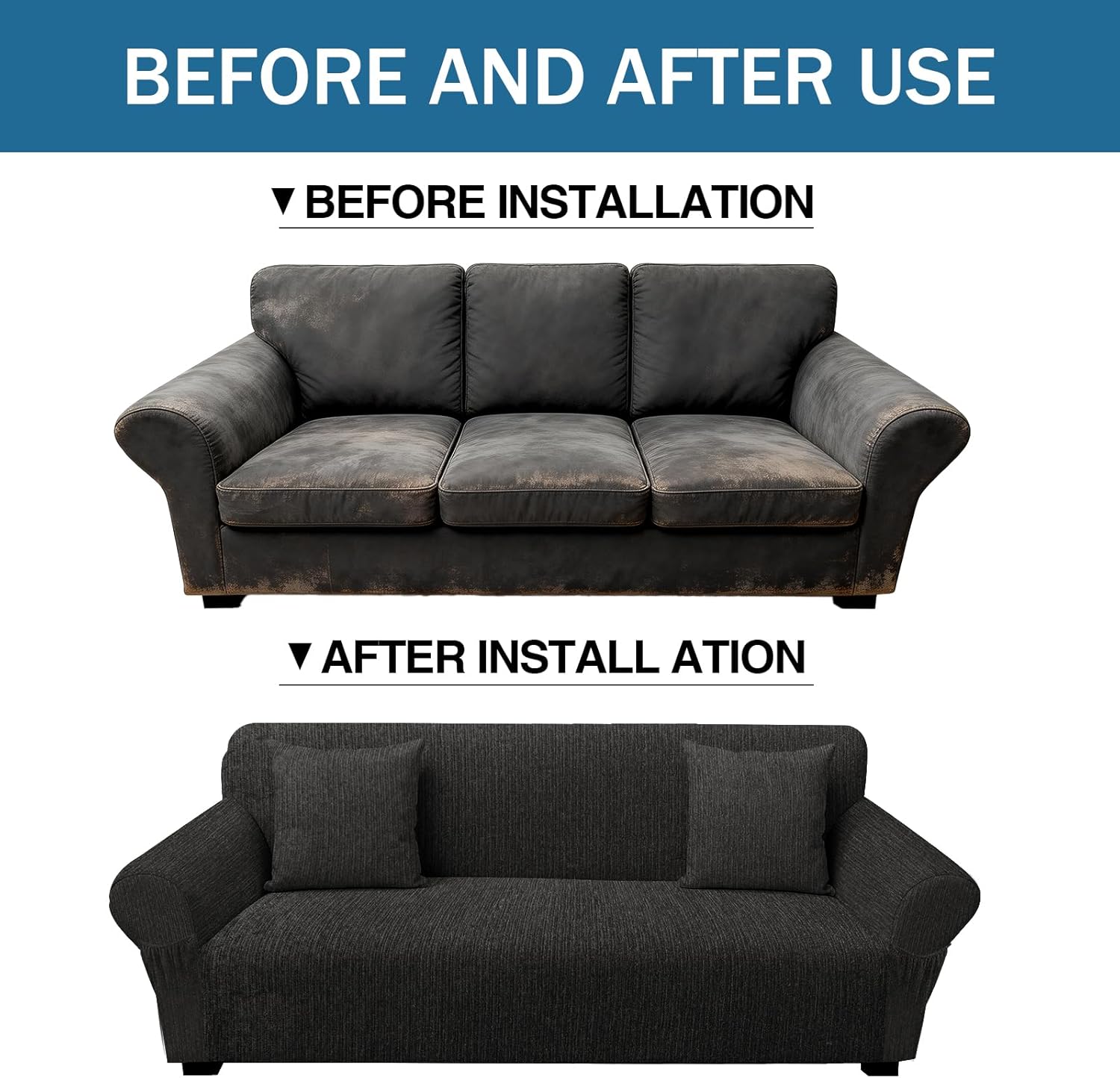 Sofa Slipcover with 2 Pillow Cover for 3 Cushion Couch, Non Slip Furniture Protector with Elastic Bottom, Washable Oversized Sofa Cover for Kids, Pets (Oversized Sofa, Black)