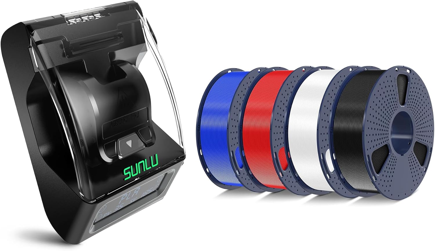 SUNLU PLA+2.0 3D Printer Filament Blcak+White+Blue+Red 4KG and SUNLU Official Filament Connector Easy to Use,200PCS PTFE Sleeve