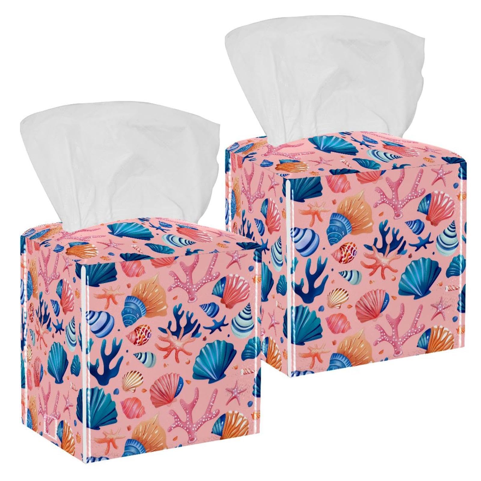 Colorful Seashells Tissue Box Cover, 2 Pack PU Leather Square Facial Tissue Dispenser Box holder for Home Office Car