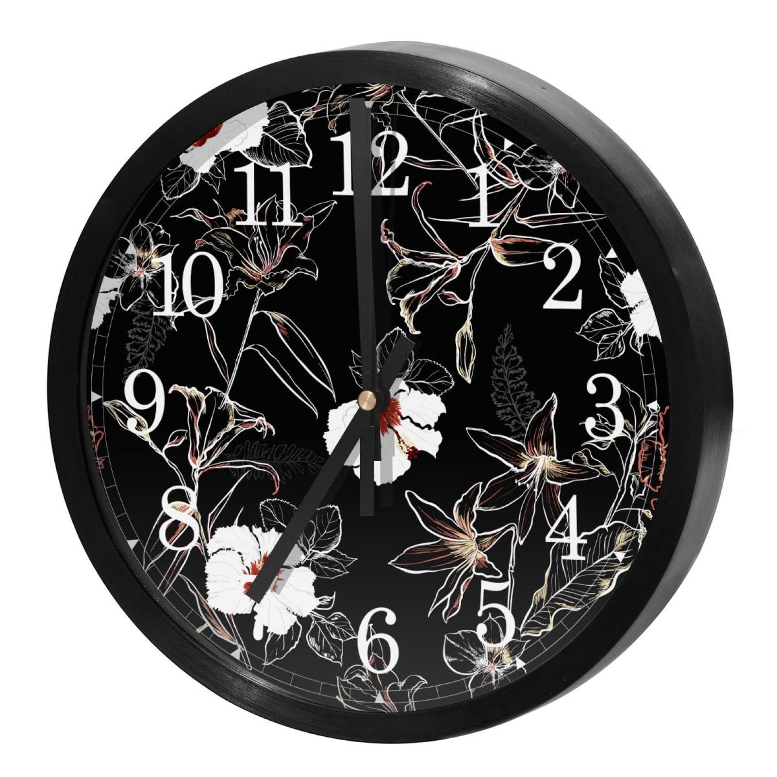 Horloge murale ronde pour cuisine et bureau au motif de lys blanc fait main