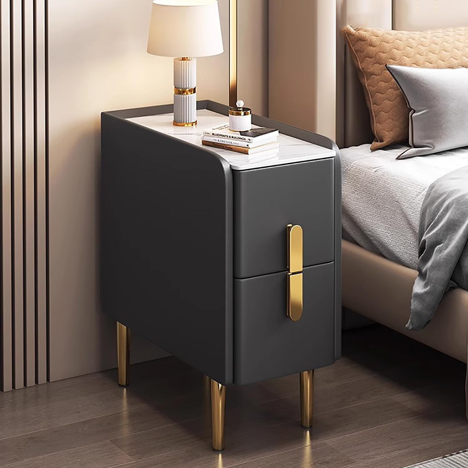 SXZenSpace Modern Minimalist Narrow Side Table - Slim Nightstand with Double Drawer Storage Multifunctional Bedside Locker for Bedroom, Living Room, Office Furniture Slate Finish