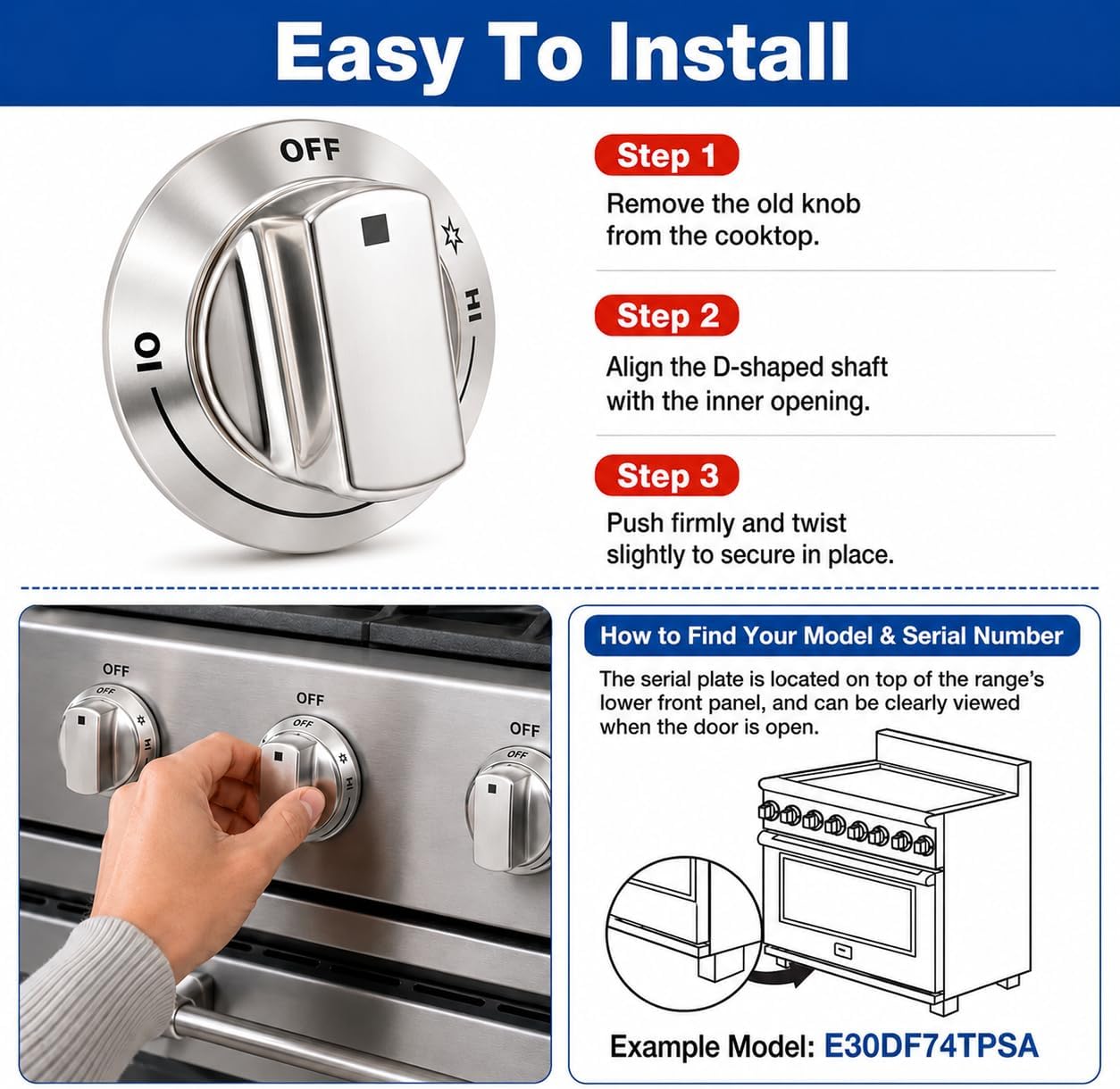 2Pcs 318242275 Burner Control Knob Replacement for electrolux Gas Stove Range Cooktop, Fits E30DF74TPSA E30GF74TPSA E36DF76TPSB, Replace 3513943 AP5809411 PS9495232 EAP9495232 (2)
