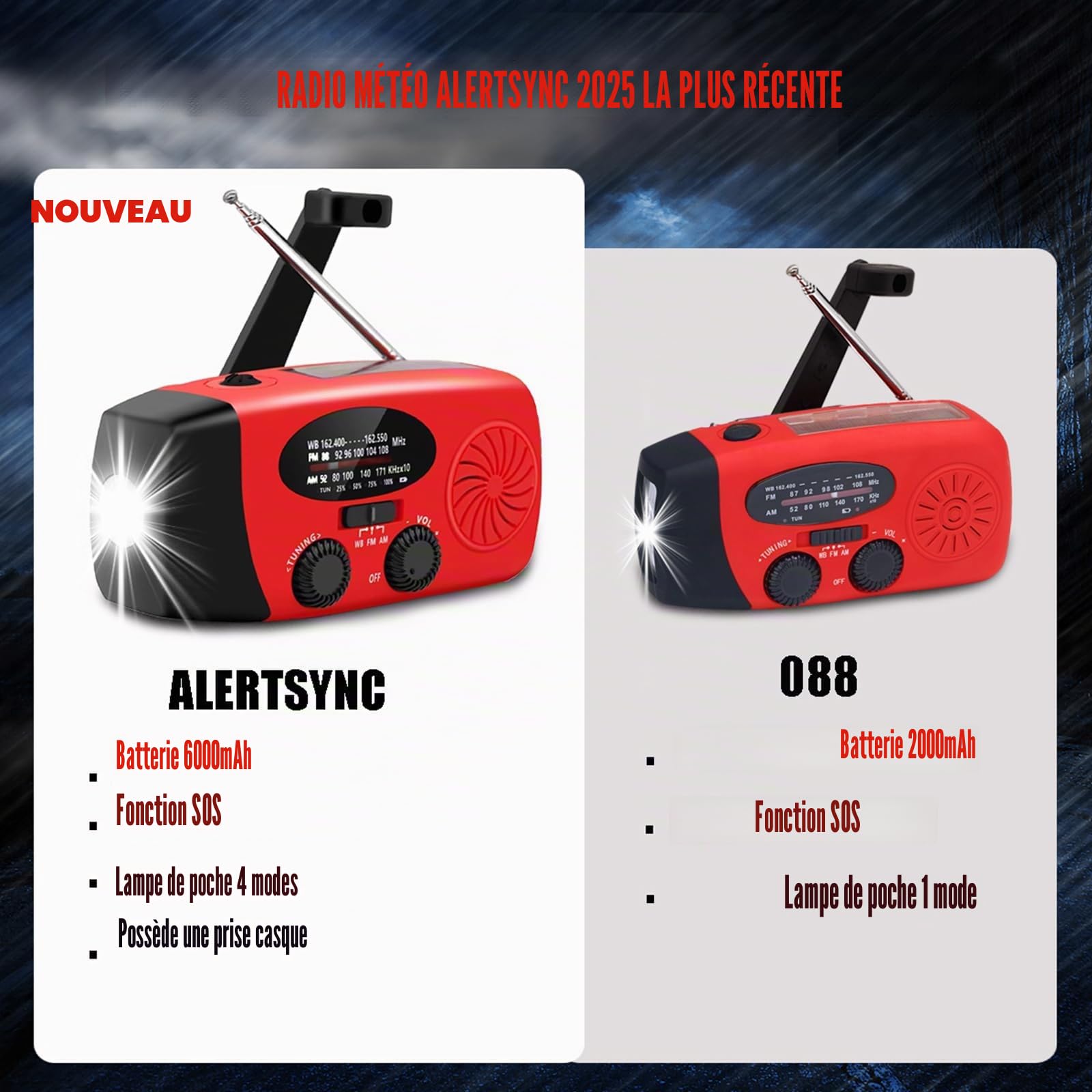 Radio météo urgence AM/FM/NOAA, manivelle solaire, chargeur de téléphone, lampe de poche 4 modes, alarme SOS, prise casque, pour urgence
