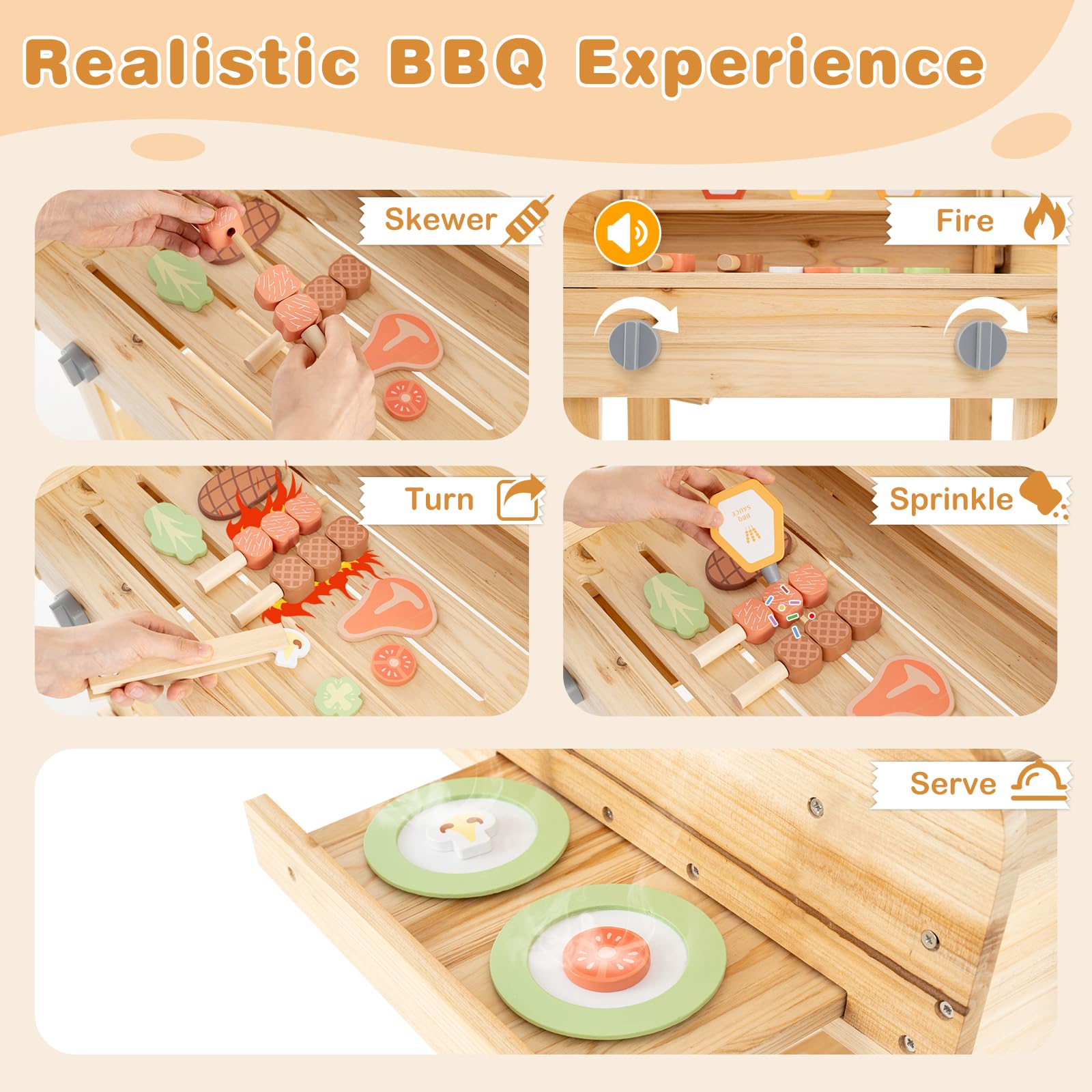 GLACER Kids Grill Play Set, Wooden Play Barbecue Toy Set w/Food, Grilling Tools & Seasoning Bottles, Indoor Kitchen Playset for Kids 3+ Years Old