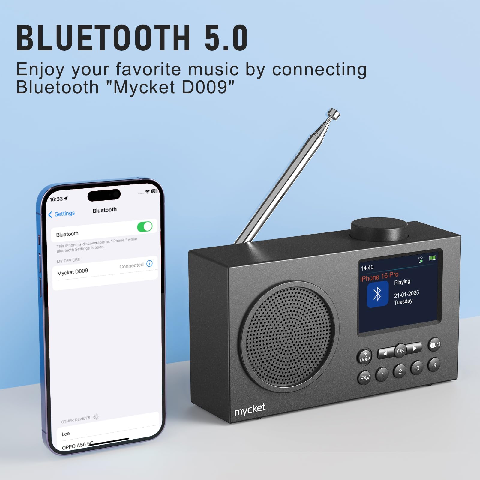 Mycket Portable DAB/DAB + Radio, FM Digital Radios avec 2025 Dernière Technologie de Récepteur de Signal, Radio Rechargeable avec Bluetooth 5.0,Double Réveil, 40 Préréglé, 2,4 "Grand Affichage Couleur
