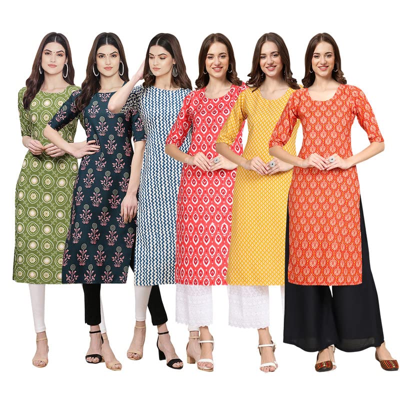 Pinkmint Women's Crepe Digital Print Straight Kurta [Pack Of 6](Qv-338-335-331-346-350-354-S)