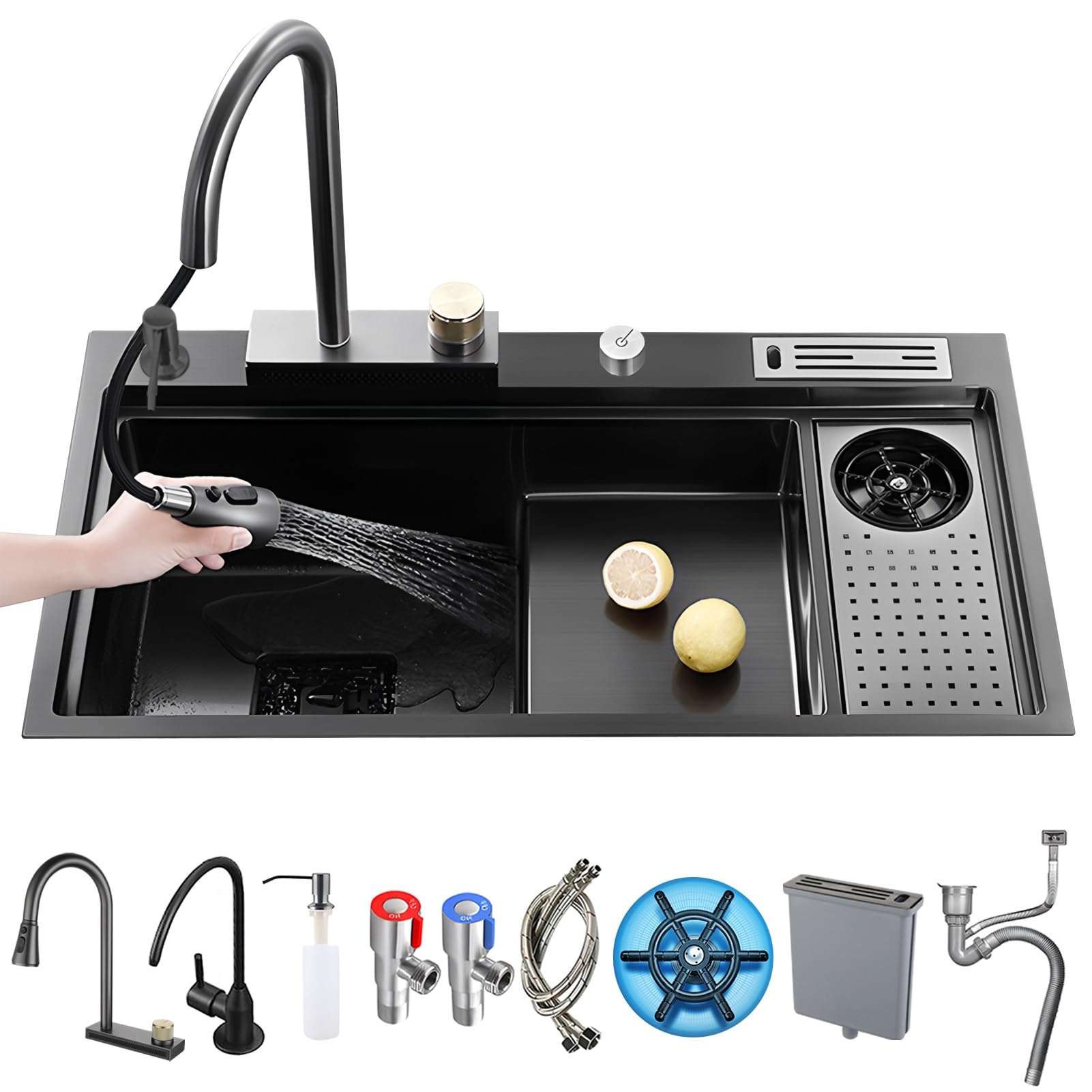 Évier de cuisine simple inox avec robinet extractible et lave-gobelet