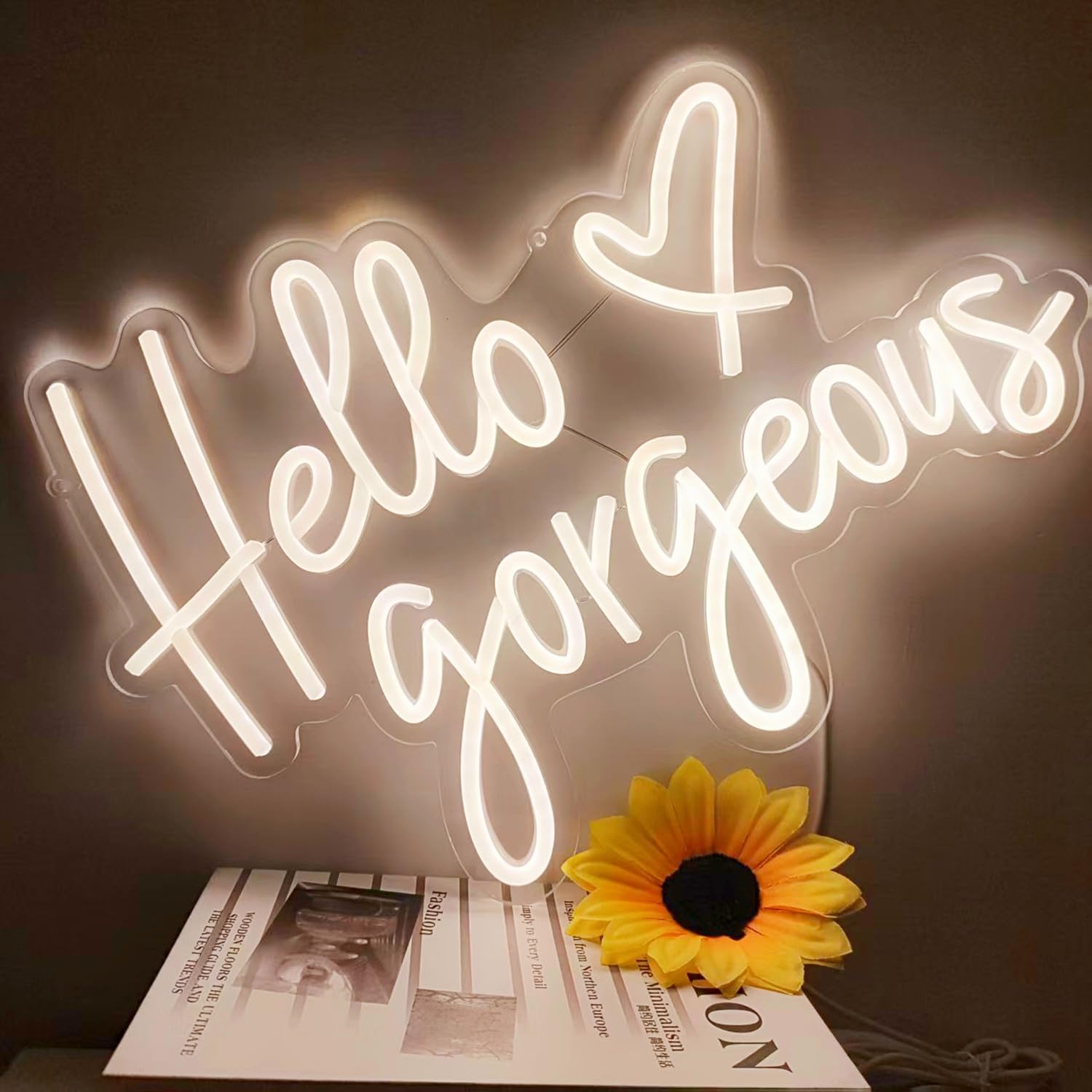 Hello Gorgeous Neonschild, Warmweiß LED Neonschild Dekorative Kunstlampe mit Dimmbarem Schalter für Zuhause, Hochzeit, Geburtstag, Hintergrundparty, 43,2 x 25,4 cm, USB-betrieben (Warmweiß)