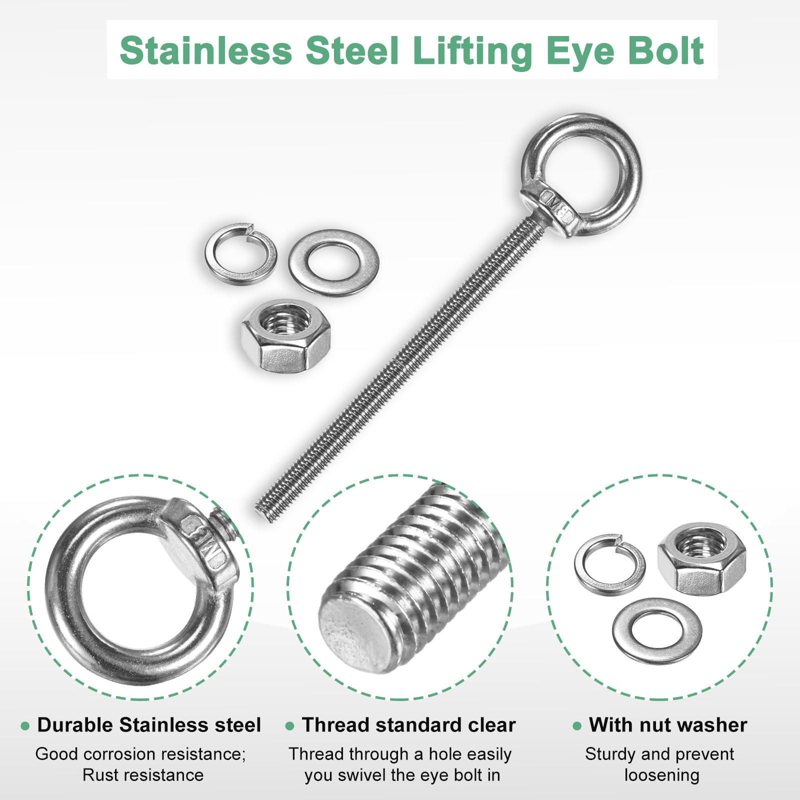 M METERXITY 4-Sets Stainless Eyebolt M8x120mm Shoulder Lifting Eye Bolt with Nuts Washers Male Screw Thread Ring Shoulder Eye Bolts Length 4.72 Inch for Suspending/Fastening - Image 2