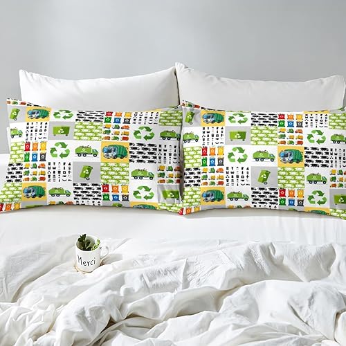 Miniatura 5 de Feelyou Juego de ropa de cama de camión de basura verde, funda de edredón de camión de basura de dibujos animados, funda de edredón con estampado de
