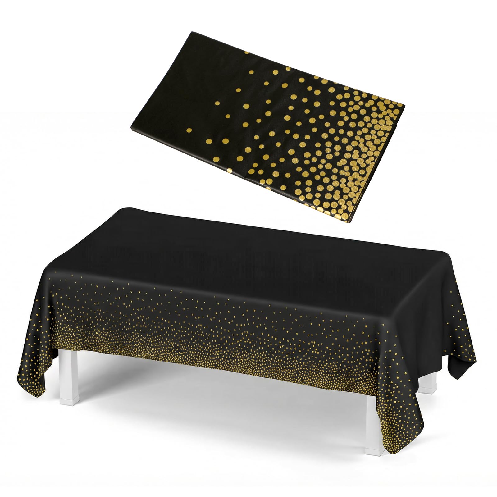 Geukmun Black and Gold Plastic Table Cloth Disposable, 54x108inch Birthday Tablecloth with Foil Polka, Waterproof Rectangle Party Table Cover for Birthday Decorations, Picnic, Wedding, Baby Shower