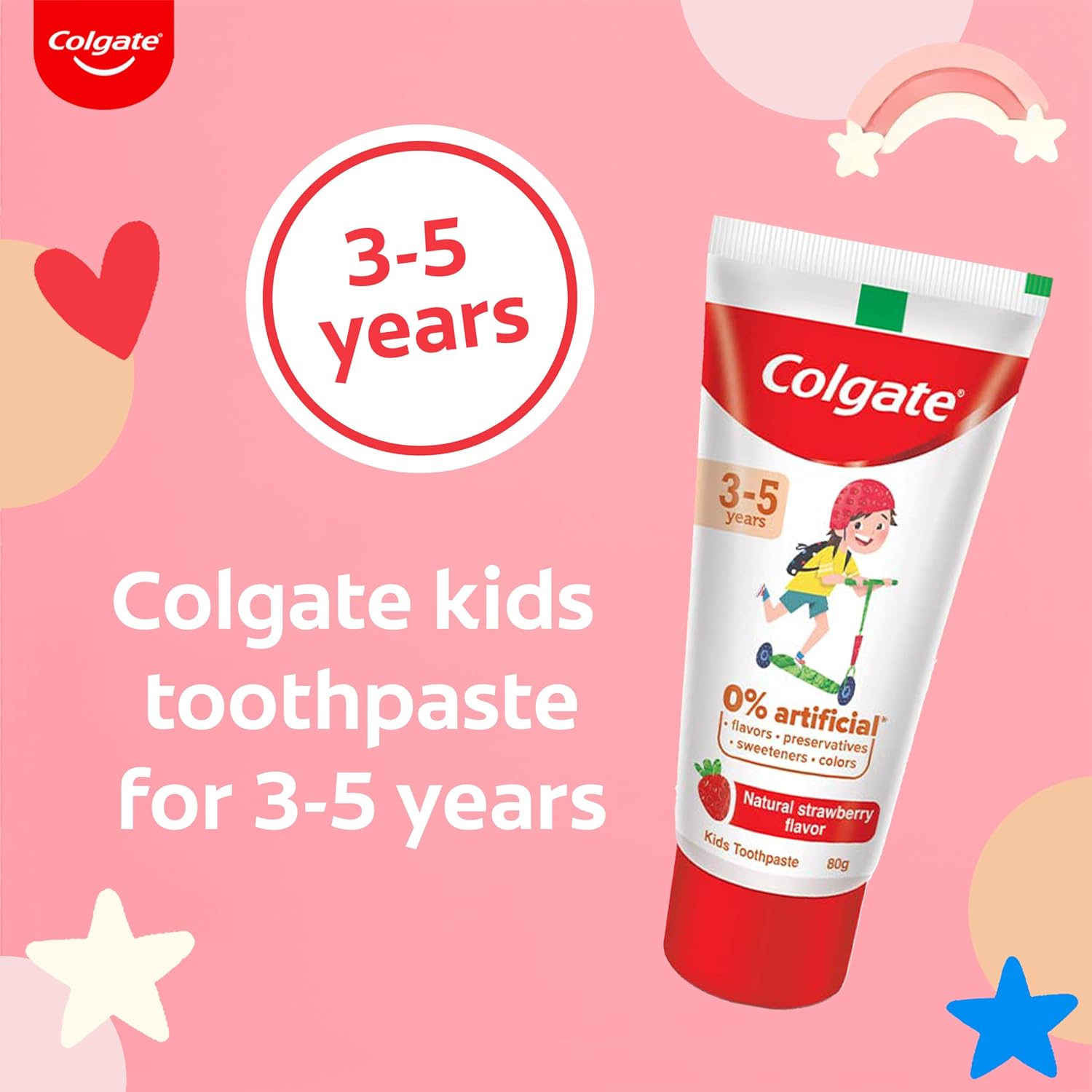 Colgate Toothpaste for Kids (3-5 Years), Natural Strawberry Flavor, Cavity Protection Tooth Paste, with 0% Artificial Flavors, Preservatives, Sweeteners & Colors - 80 Gram Tube(2.8 Ounce)