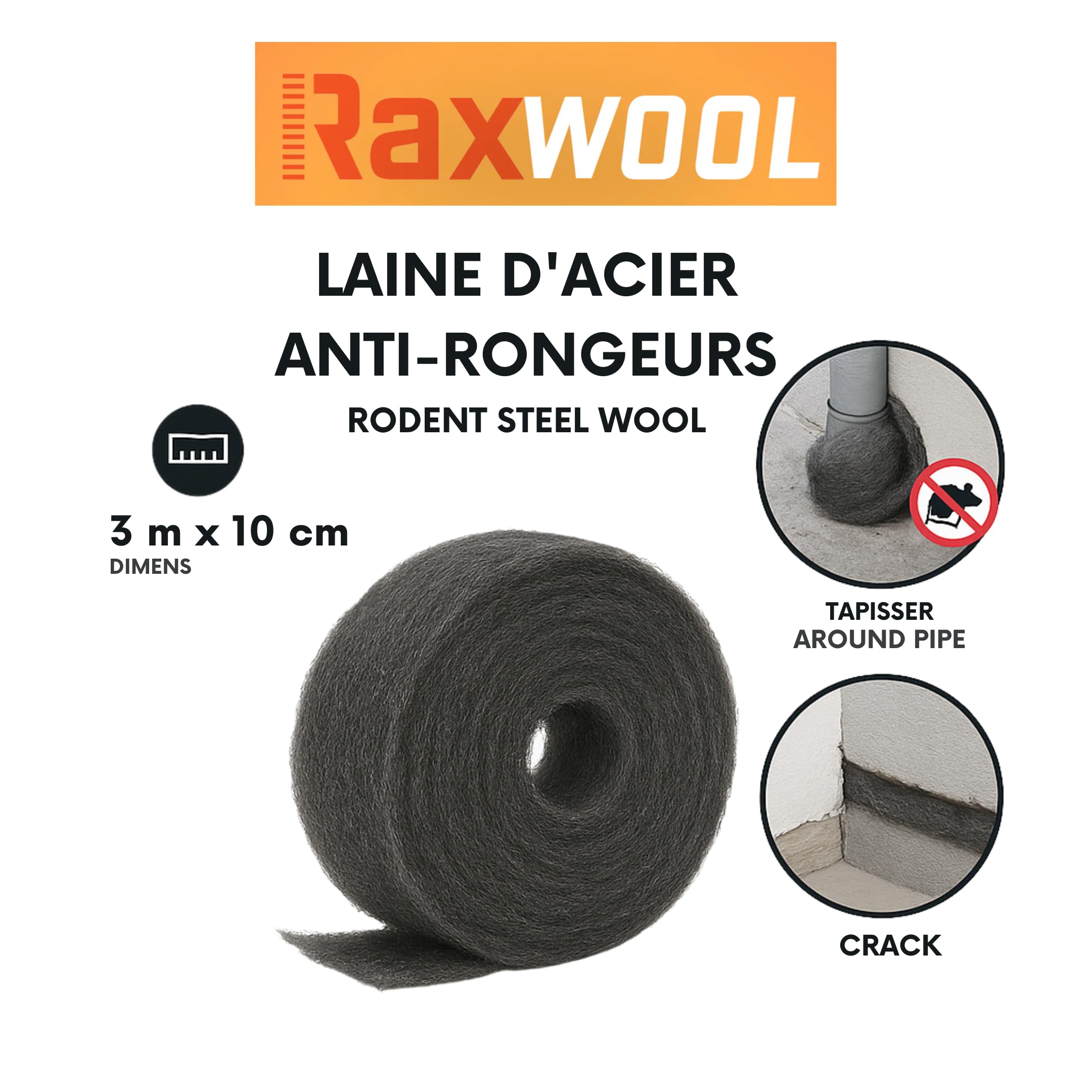 RAXWOOL - Lana de acero antiroedores 3 m x 10 cm - Barrera física inoxidable, flexible y duradera