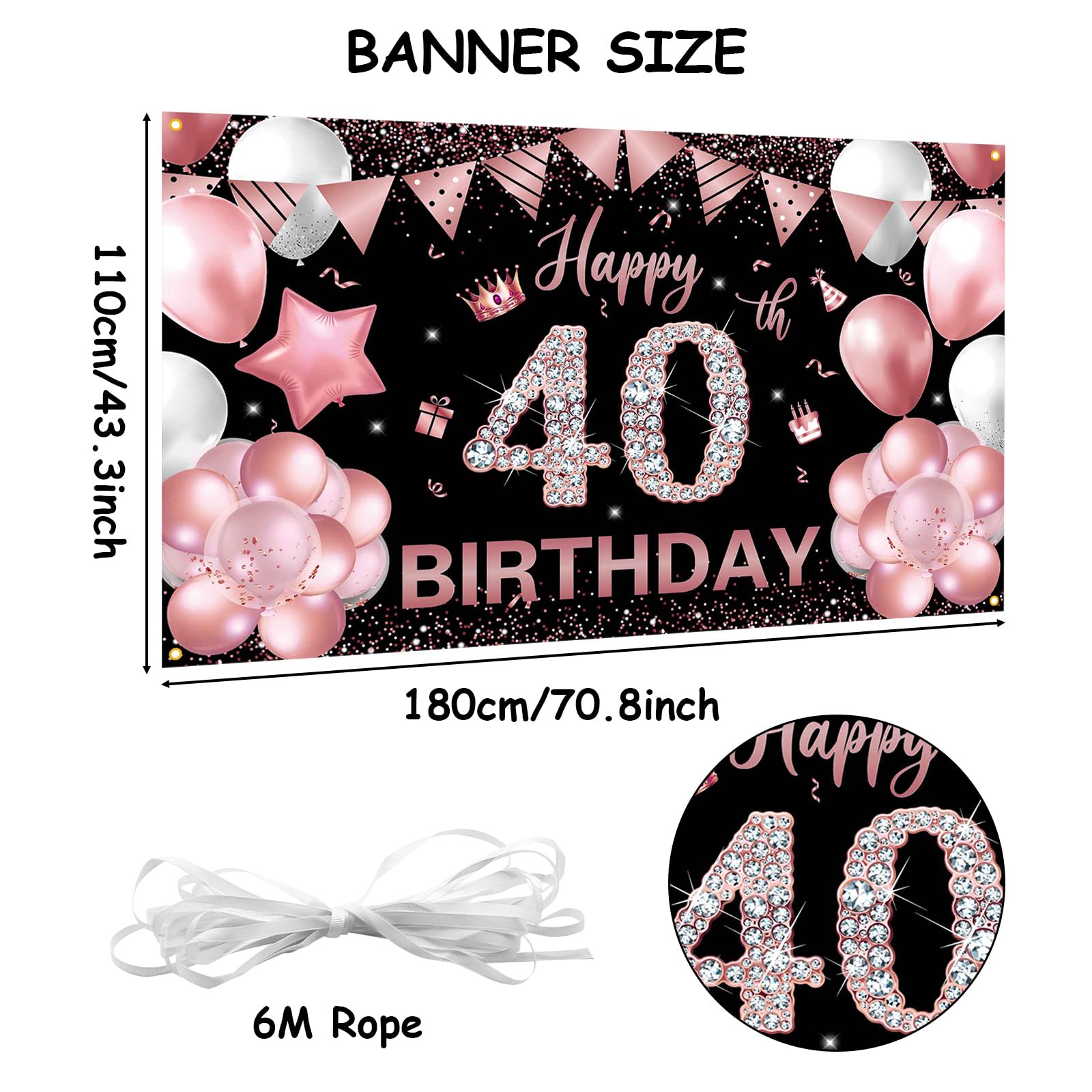 Bannière 40e Anniversaire Or Rose Et Noir - 180x110 Cm - Toile De Fond Photo Pour Fête Adulte