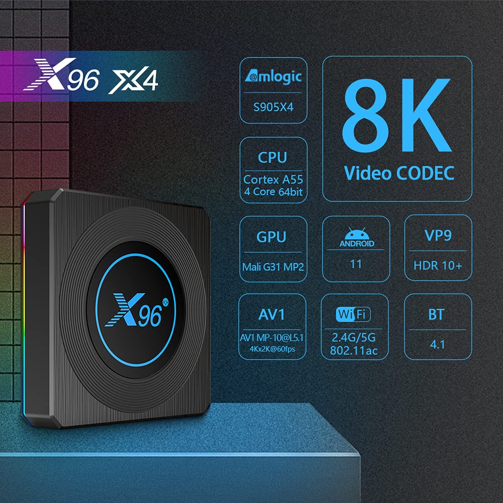 CHROX Boîtier TV Android 11.0, Boîtier TV X96 X4 4 Go De RAM 64 Go ROM CPU S905X4, Double WiFi 2,4G/5G Ethernet 1000M LAN Bluetooth 4.0 avec Décodeur 8K/6K/3D/USB 3.0,4gb+64gb