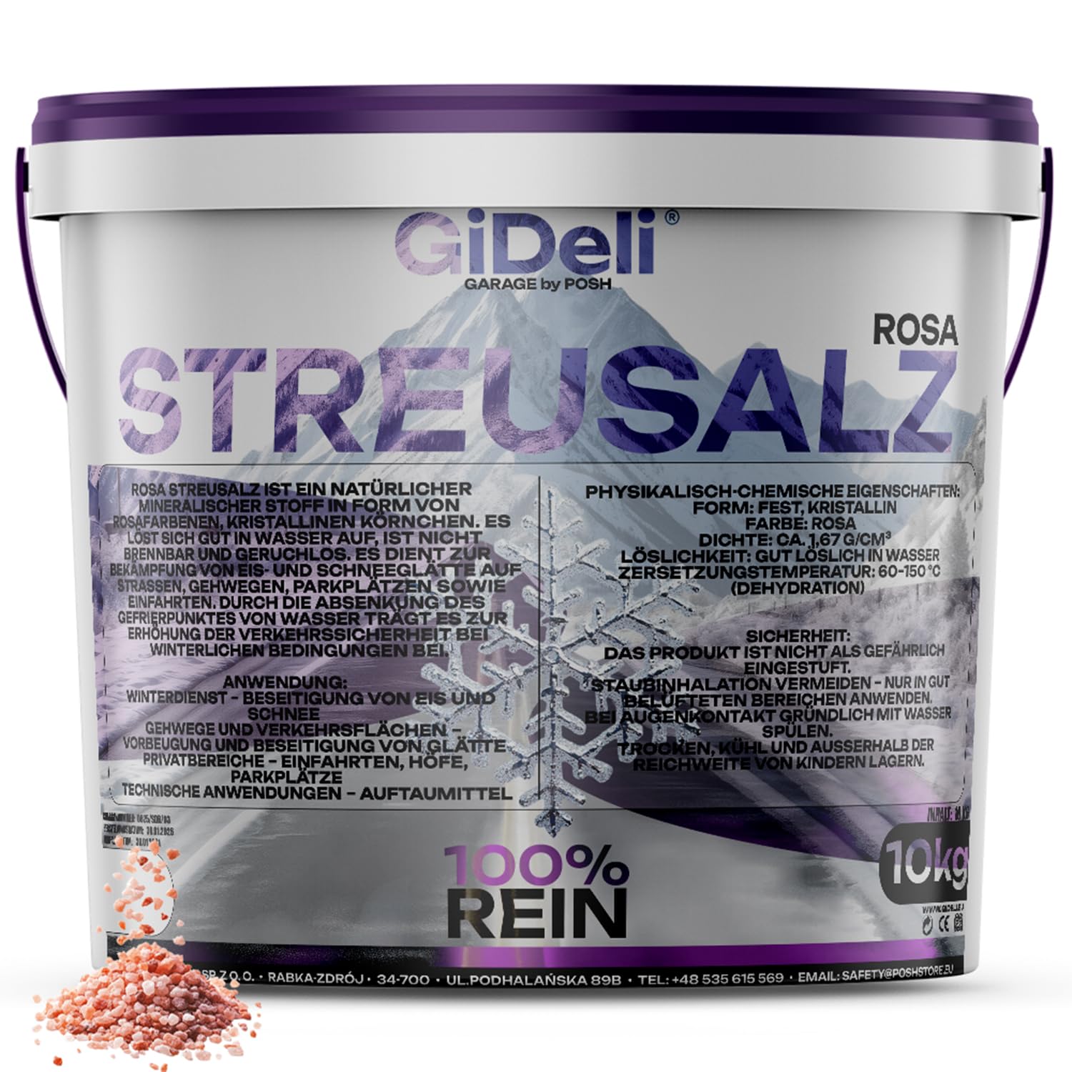GiDeli Sal grande para deshielo en cubo, 10 kg, color rosa, contra hielo y nieve, sal de deshielo apta para animales para invierno, sal para nieve, eficaz contra la suavidad